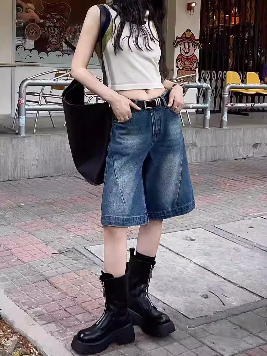 Rakuten - 【ヴィンテージ風】デニム ハーフパンツ レディース 膝丈 ワイドパンツ 五分丈 ジーンズ ショートパンツ ハイウエスト ズボン バギーパンツ キュロット ひざ丈 ゆったり 太め Aライン ウォッシュ加工 体型カバー 着痩せ 脚長 細見え 美脚 春夏秋 ストリート 韓国 大人