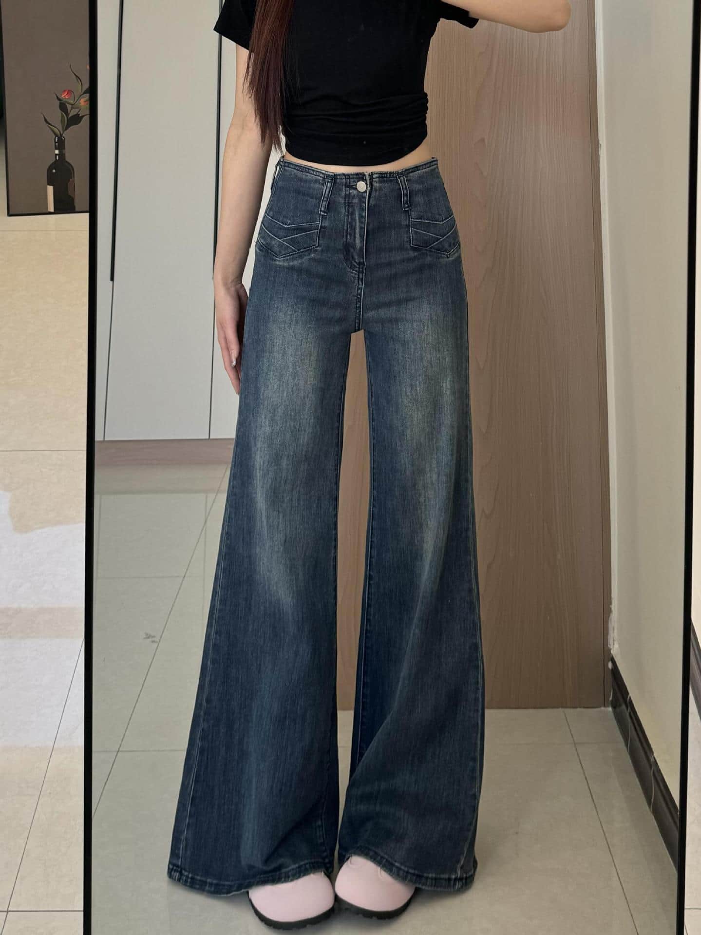 Rakuten - 【美脚脚長】 ワイドパンツ デニム ジーンズ レディース ハイウエスト バギーパンツ ベルボトム ジーパン ボトムス ロング ズボン デニムパンツ ゆったり 大きいサイズ ヴィンテージ風 ウォッシュ加工 ポケット ステッチ 体型カバー 着痩せ 細見え ヒップアップ 20代
