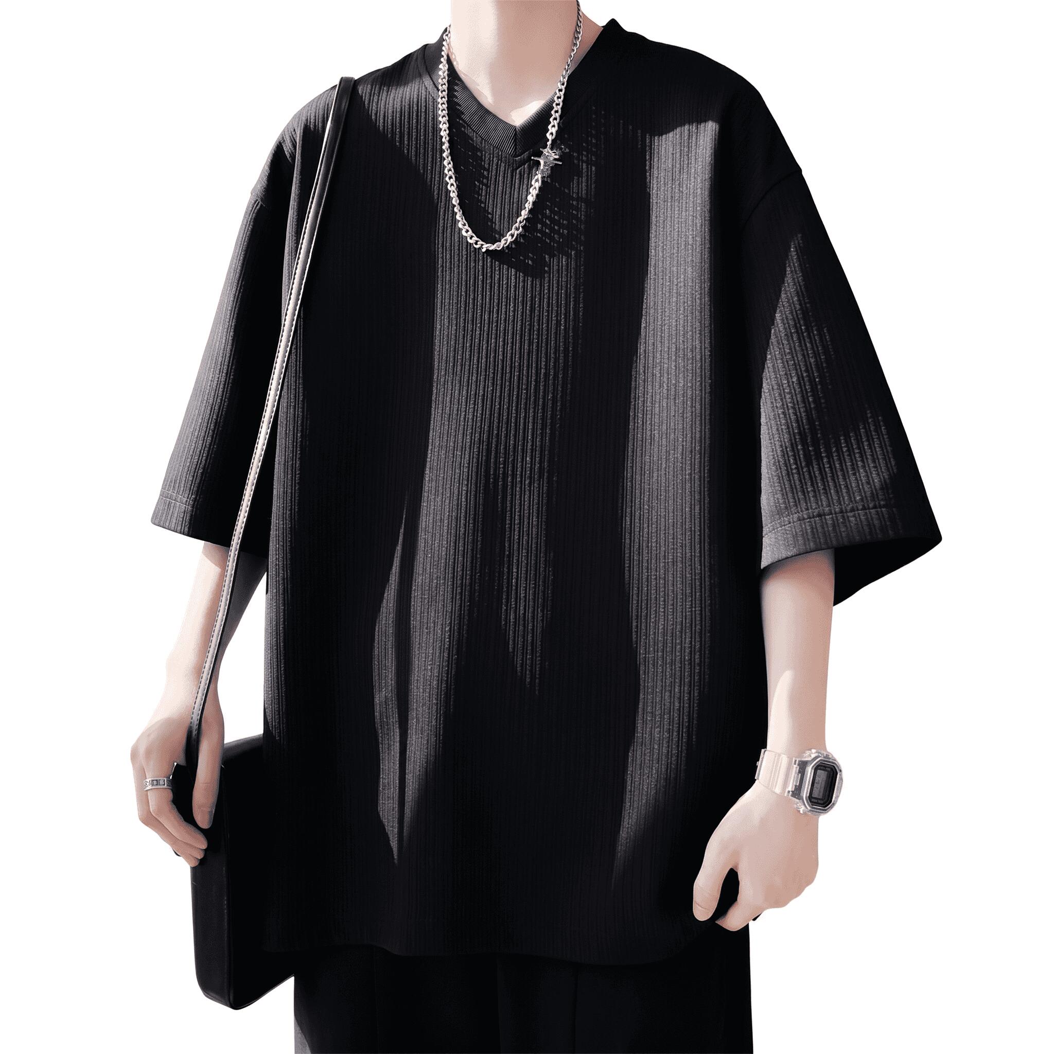 乐天商城 - Tシャツ メンズ Vネック 5分袖 半袖 五分袖 カットソー トップス リブ ワッフル調 凹凸感 シワになりにくい ビッグシルエット オーバーサイズ ドロップショルダー ゆったり 楽ちん 体型カバー 大きいサイズ 無地 シンプル カジュアル キレイめ モード