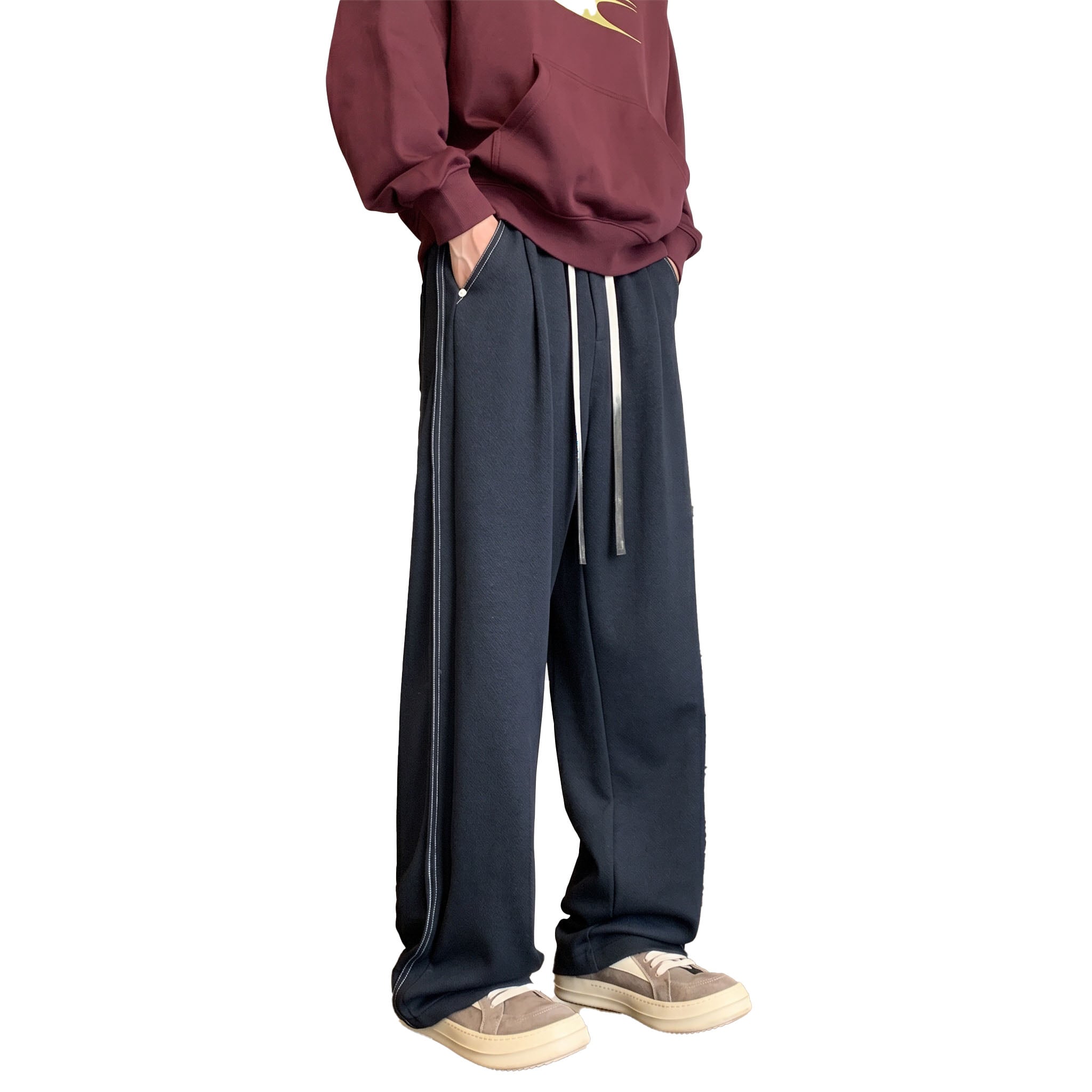 Pants - 【極暖・厚手】ワイドパンツ スウェットパンツ 裏起毛 メンズ レディース サイドライン ズボン 防寒 暖かい ヘビーウェイト トラックパンツ ボトムス ウエストゴム 紐 大きいサイズ ゆったり 体型カバー 脚長 ストリート 韓国 部屋着 ルームウェア カジュアル 黒 秋 冬