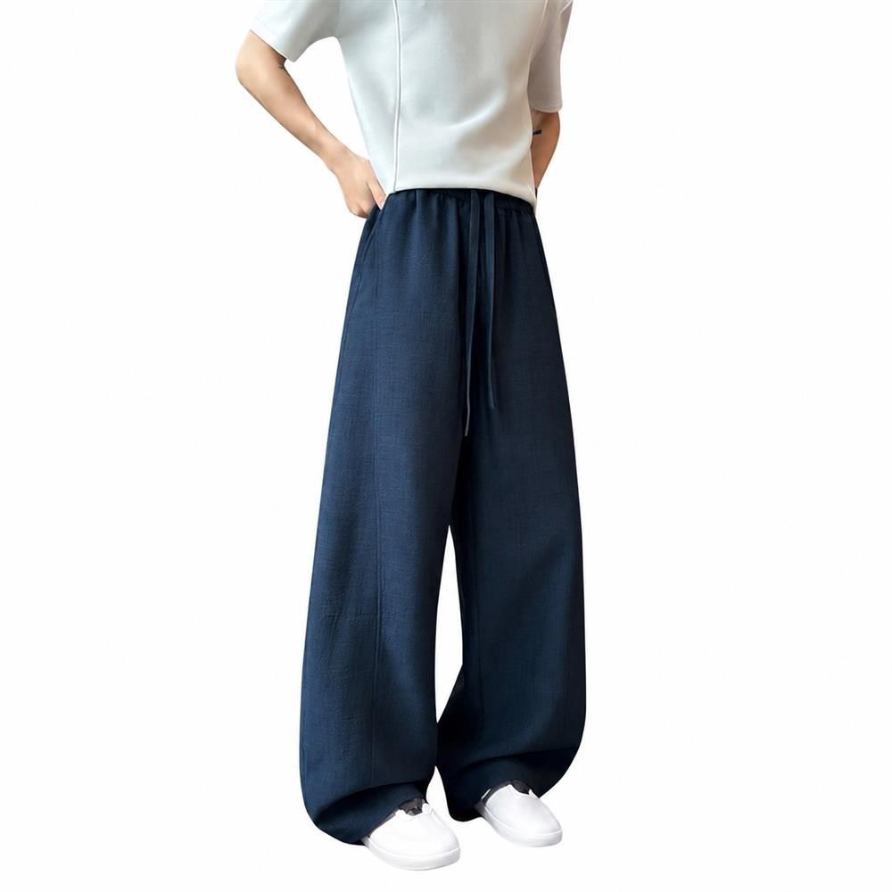 Rakuten - 【リネンタッチ】 ワイドパンツ メンズ イージーパンツ 麻混風 涼しい ズボン ボトムス ゆったり ストレート ロングパンツ カジュアル 切り替え ウエストゴム ドロスト 紐付き 軽い 薄手 通気性 蒸れない リラックス 春 夏 秋 ルームウェア 部屋着 ワンマイルウェア