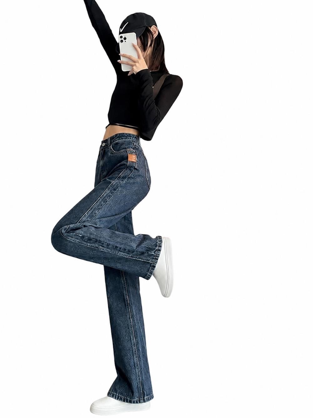 Cropped Pants - 【脚長美脚】ワイドパンツ デニム レディース ジーンズ ジーパン ハイウエスト ストレートパンツ 裾スリット ボトムス ズボン デニムパンツ ロング丈 10分丈 着痩せ 体型カバー 細見え ウォッシュ加工 サイドライン ヴィンテージ風 ゆったり カジュアル きれいめ