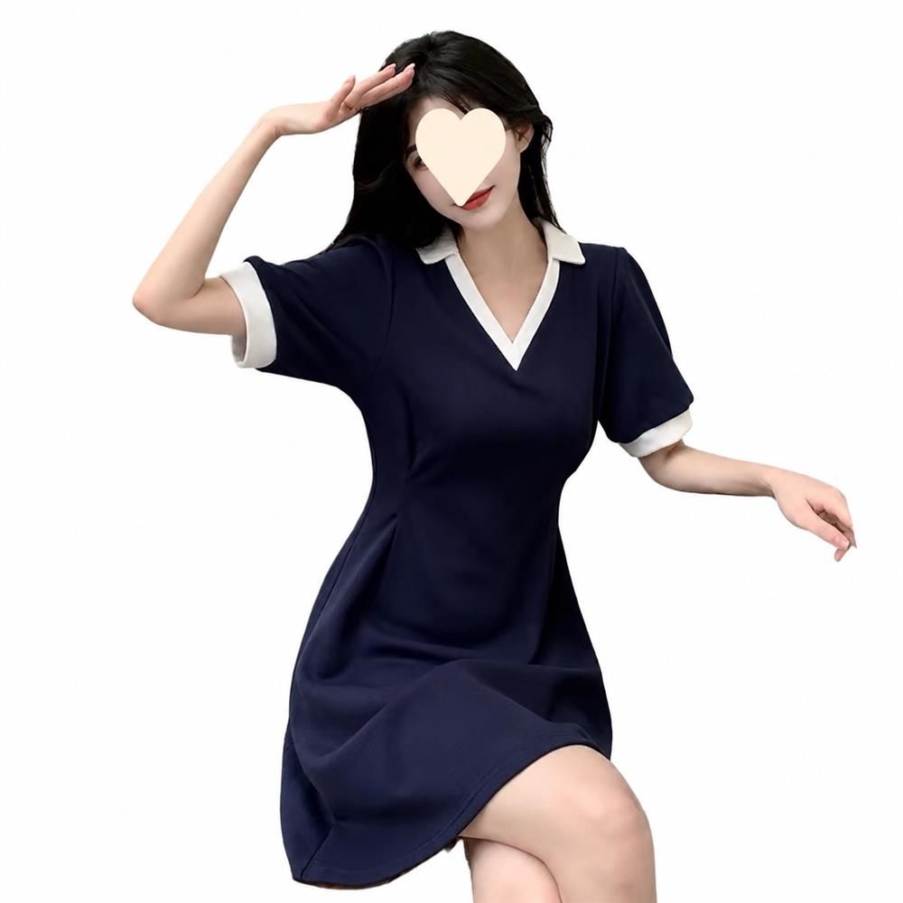 Rakuten - 【スキッパー襟】ワンピース レディース 半袖 Aライン 配色 バイカラー ポロ襟 襟付き Vネック ミニワンピース チュニック ミニ丈 切り替え ハイウエスト 脚長 美脚 着痩せ 細見え 体型カバー 二の腕カバー 伸縮 楽ちん レトロ オープンカラー スポーティ ポロシャツ風