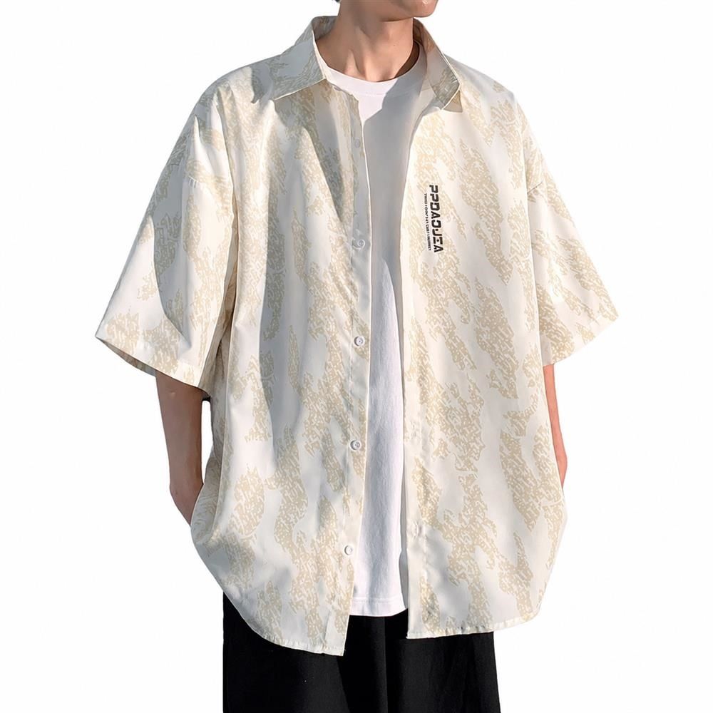 樂天商城 - 柄シャツ メンズ 半袖 ビッグシルエット オーバーサイズ カジュアルシャツ 接触冷感 夏服 総柄 5分袖 トップス 襟付き 涼しい 蒸れない 速乾 通気性 軽い 軽量 快適 体型カバー 大きいサイズ ゆったり ストリート系 韓国 ファッション 原宿系 モード系 部屋着 普段着