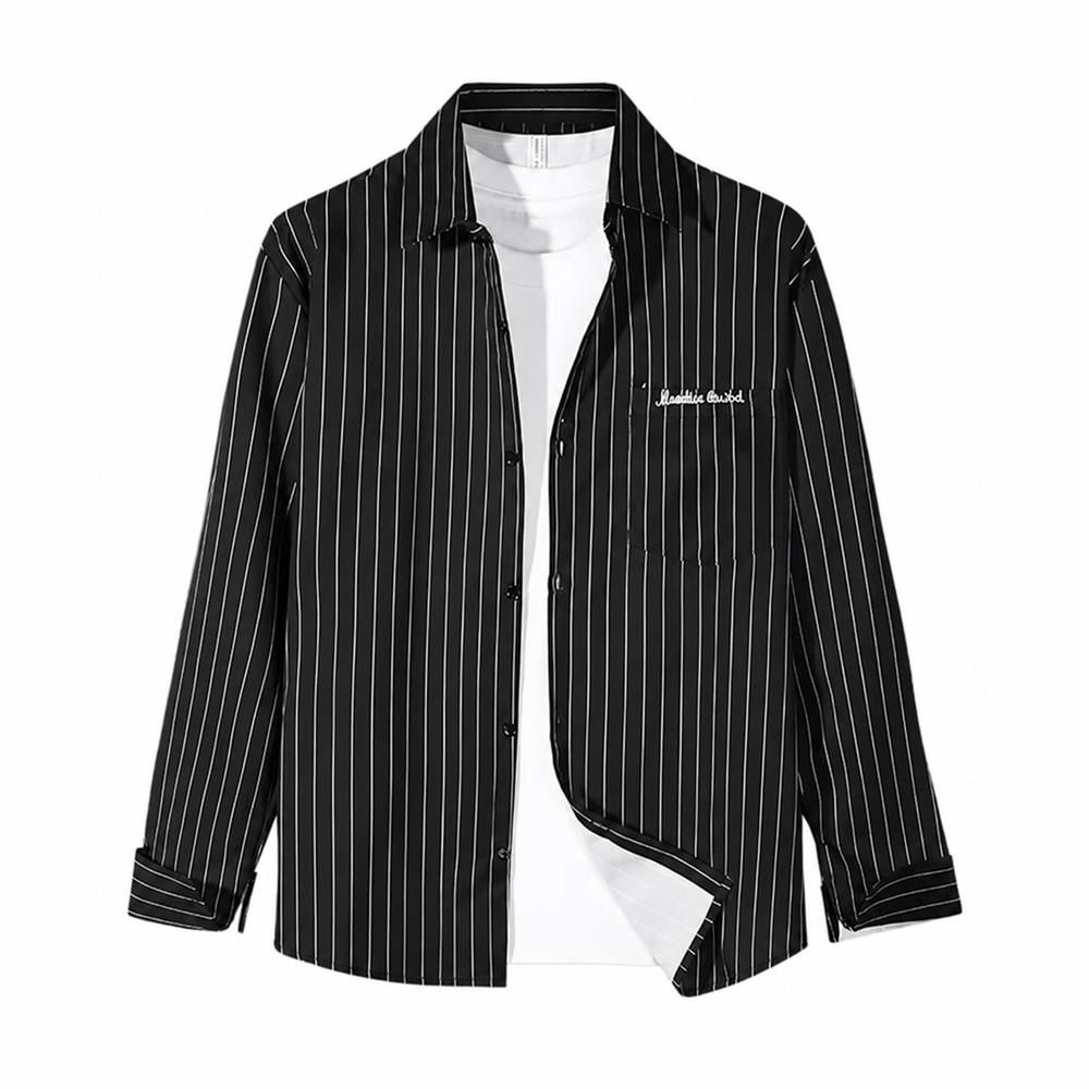 Short Sleeves （Shape Holding） - ストライプシャツ メンズ 長袖 縦縞 カジュアルシャツ きれいめ 冷感 接触冷感 トップス ゆったり 大きいサイズ 春 秋 冬 快適 さらさら 羽織り ワンポイント 刺繍 ワークシャツ 日系 文芸 カ