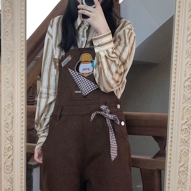 乐天商城 - サロペット 上下セット レディース ストライプ柄 長袖シャツ 刺繍入り オーバーオール 2点セット ゆったり 体型カバー カジュアル レトロ 可愛い 森ガール風 春 秋 通学 学生
