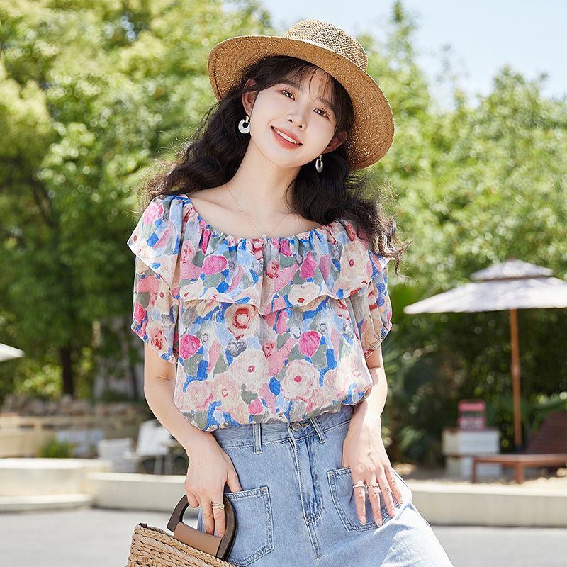 Rakuten - ブラウス レディース 半袖 オフショルダー トップス 花柄 フリル シフォンシャツ ゆったり 涼しい 上品 きれいめ カジュアル フェミニン 春 夏 総柄 プルオーバー 体型カバー おしゃれ 可愛い
