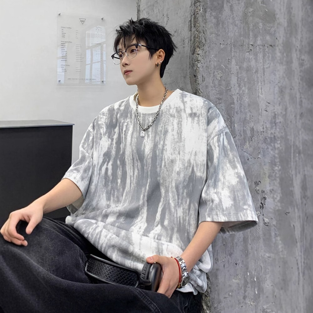Rakuten - 【タイダイ柄】Tシャツ メンズ 半袖 ビッグシルエット 絞り染め 墨流し マーブル ストリート系 韓国 ファッション ティーシャツ カットソー トップス 夏服 オーバーサイズ ドロップショルダー クルーネック 丸首 ゆったり 大きいサイズ ビッグT 体型カバー