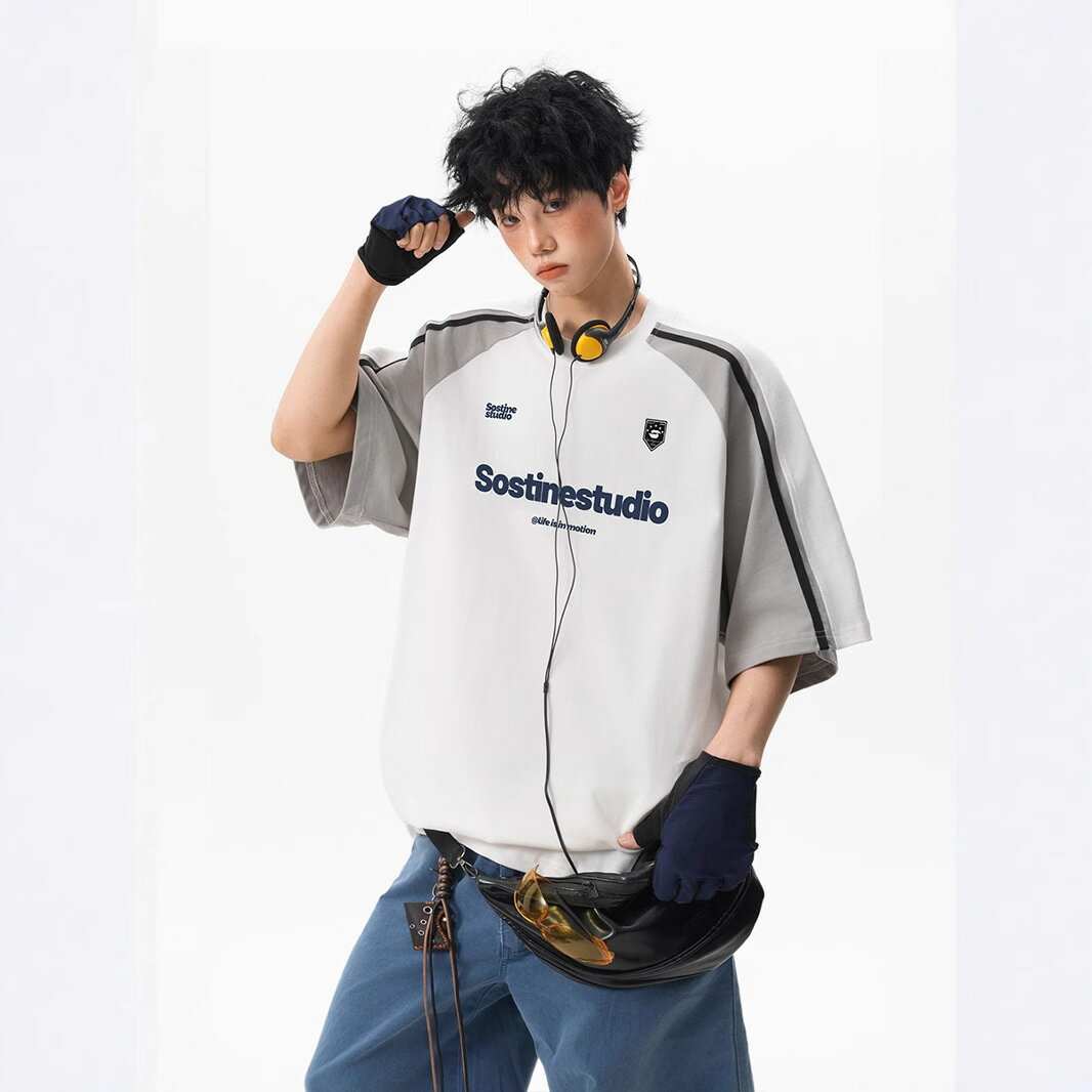 Rakuten - Tシャツ 半袖 ラグラン 配色切替 ビッグシルエット メンズ レディース カットソー ティーシャツ tシャツ トップス ストリート ヒップホップ カレッジロゴ 英字 プリント 五分袖 袖ライン バイカラー ユニセックス 男女兼用 体型カバー 大きいサイズ ゆったり 楽ちん