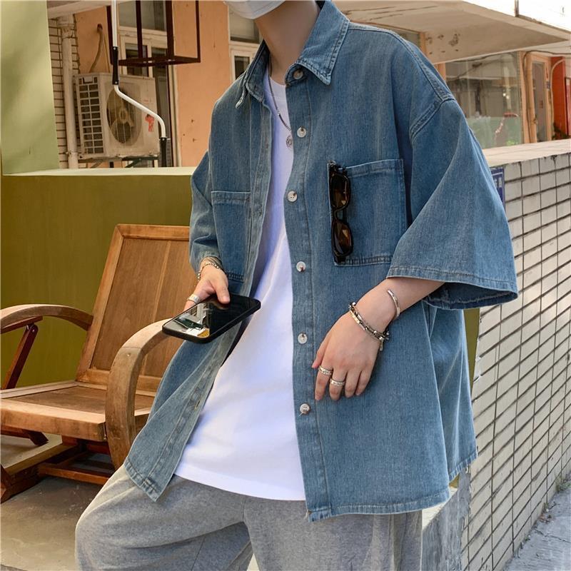 樂天商城 - デニムシャツ メンズ オーバーサイズ 半袖 ワークシャツ デニム トップス ビッグシルエット 夏 春 ストリート ドロップショルダー ジーンズシャツ 軽い 羽織り カジュアル お洒落 ヴィンテージ風