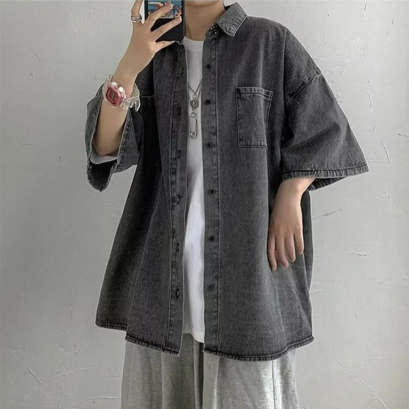 乐天商城 - デニムシャツ メンズ 半袖 オーバーサイズ ビッグシルエット クマ 刺繍 ワンポイント カジュアル トップス ストリート アメカジ 夏 秋 ゆったり 襟付き ボタンダウン 大きいサイズ ユニセックス