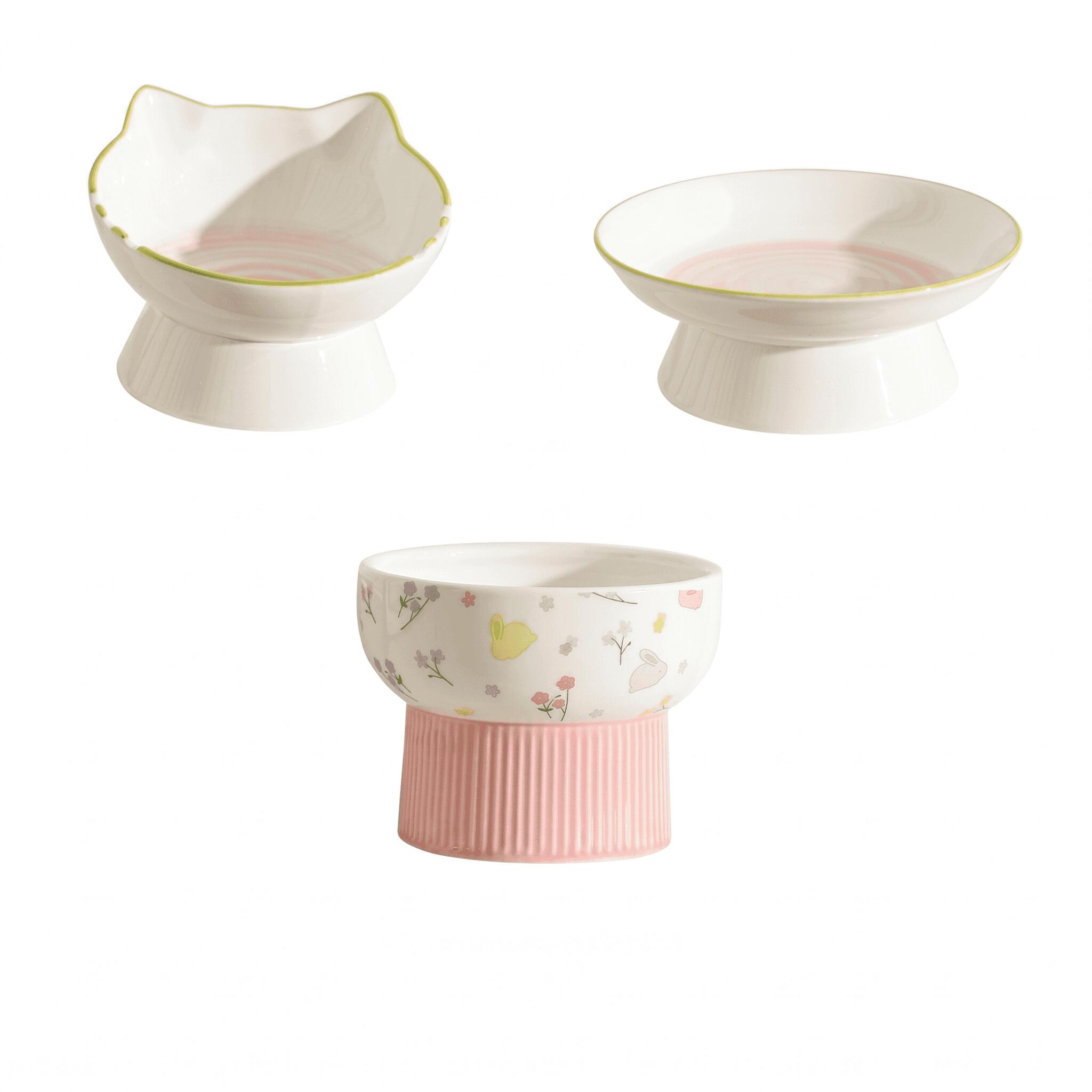 Tableware - 猫 食器 フードボウル 陶器 3点セット 猫耳デザイン 斜め 食べやすい 脚付 ウォーターボウル セット 子猫 高齢猫 首の負担軽減 吐き戻し防止 餌入れ 水入れ 陶磁器 ペットボウル 清潔 滑り止め