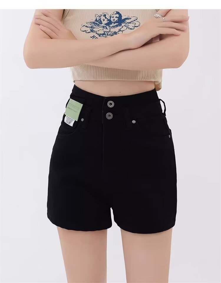 Rakuten - 【脚長魅せ】ショートパンツ デニム レディース ハイウエスト ダブルボタン 2つボタン 短パン ズボン ボトムス デニムパンツ ジーンズ ブラック 黒 ホットパンツ ショーパン Aライン スリム 美脚 着痩せ 体型カバー ヒップアップ 春 夏 秋 韓国 ファッション