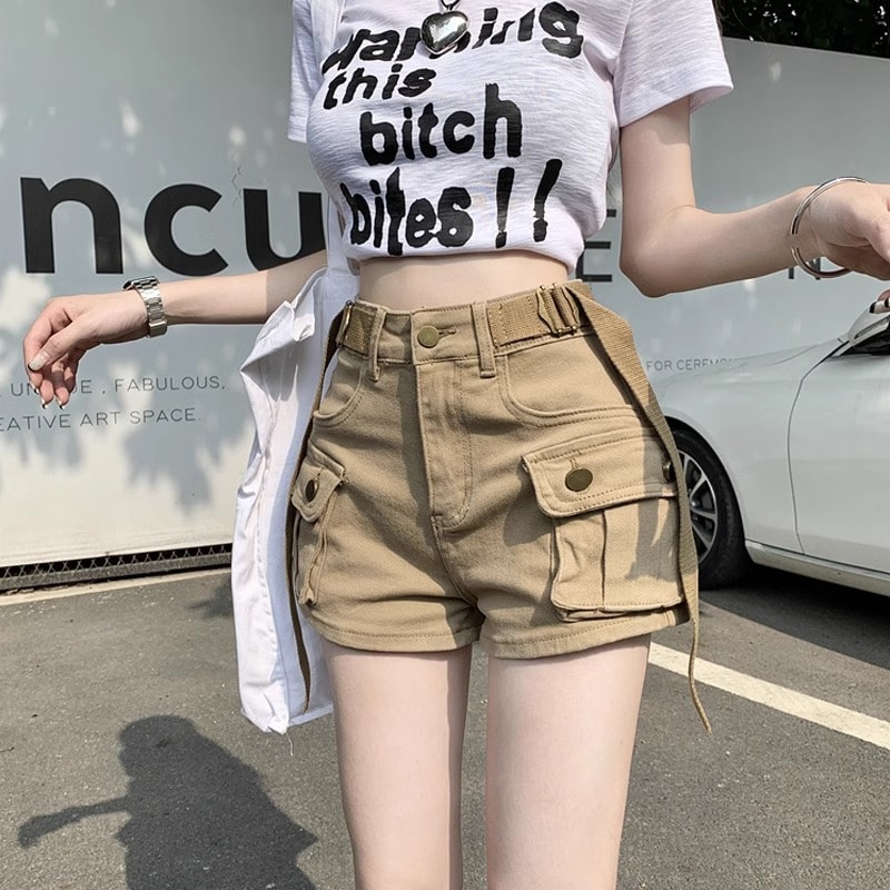 【ミリタリー】カーゴショートパンツ レディース ハイウエスト ショートパンツ ショーパン ホットパンツ 短パン ズボン ボトムス サイドポケット フラップポケット 着痩せ 脚長 美脚 体型カバー カジュアル ストリート ダンス 衣装 韓国 春 夏 秋 ベージュ カーキ