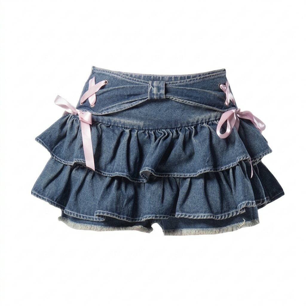 【美脚魅せ】デニム ミニスカート ティアード キュロットパンツ レディース リボン レースアップ スカパン フリル ハイウエスト ショートパンツ ショーパン ジーンズ ジーパン 裏地付き 体型カバー 着痩せ 脚長効果 Y2K 地雷系 量産型 韓国風 ガーリー 可愛い