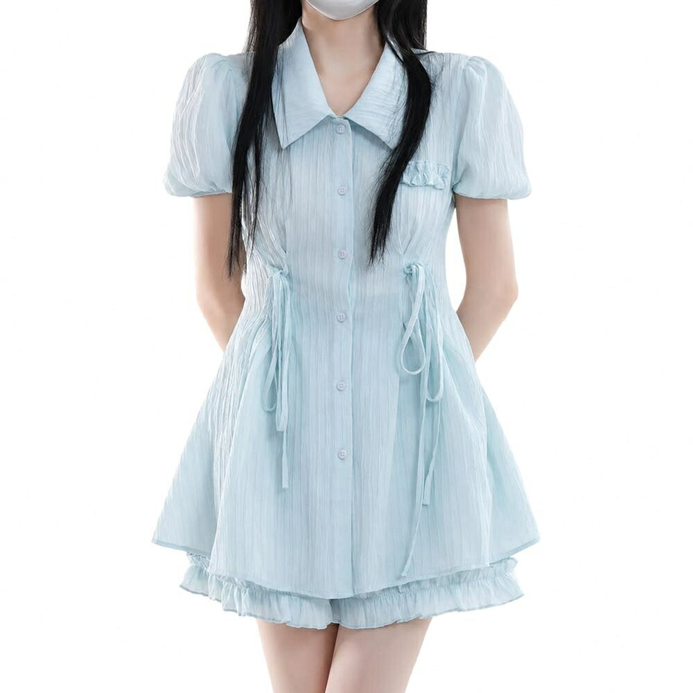 Rakuten - 【大人可愛い】 セットアップ レディース 上下セット ブラウス ショートパンツ 半袖 2点セット 襟付き ボリューム袖 ウエストマーク ドロスト フリル ティアード ズボン 短パン 涼しい シワになりにくい 軽い 着痩せ 体型カバー 二の腕カバー 脚長 美脚 ガーリー