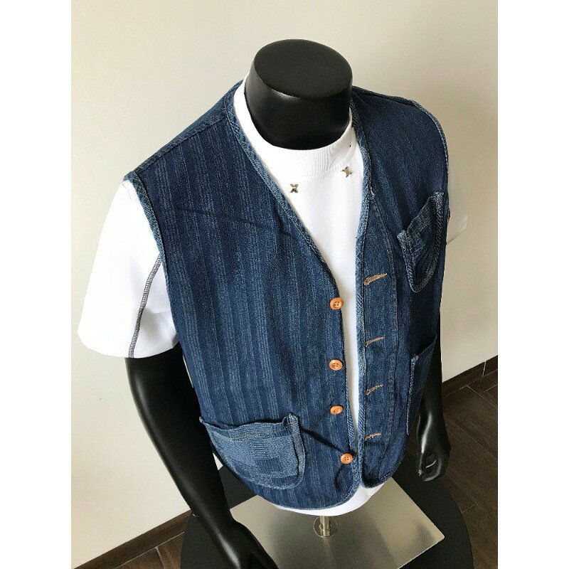 【アメカジ】デニムベスト メンズ ワークベスト ウォバッシュ風 ストライプ ジレ 前開き Vネック チョッキ ヴィンテージ風 カジュアル 重ね着 春 夏 秋 冬 大きいサイズ 多ポケット ノースリーブ 体型カバー ゆったり 丈夫 作業服 釣り キャンプ アウトドア comsys-r-10041389 Nartooston サンプル画像3