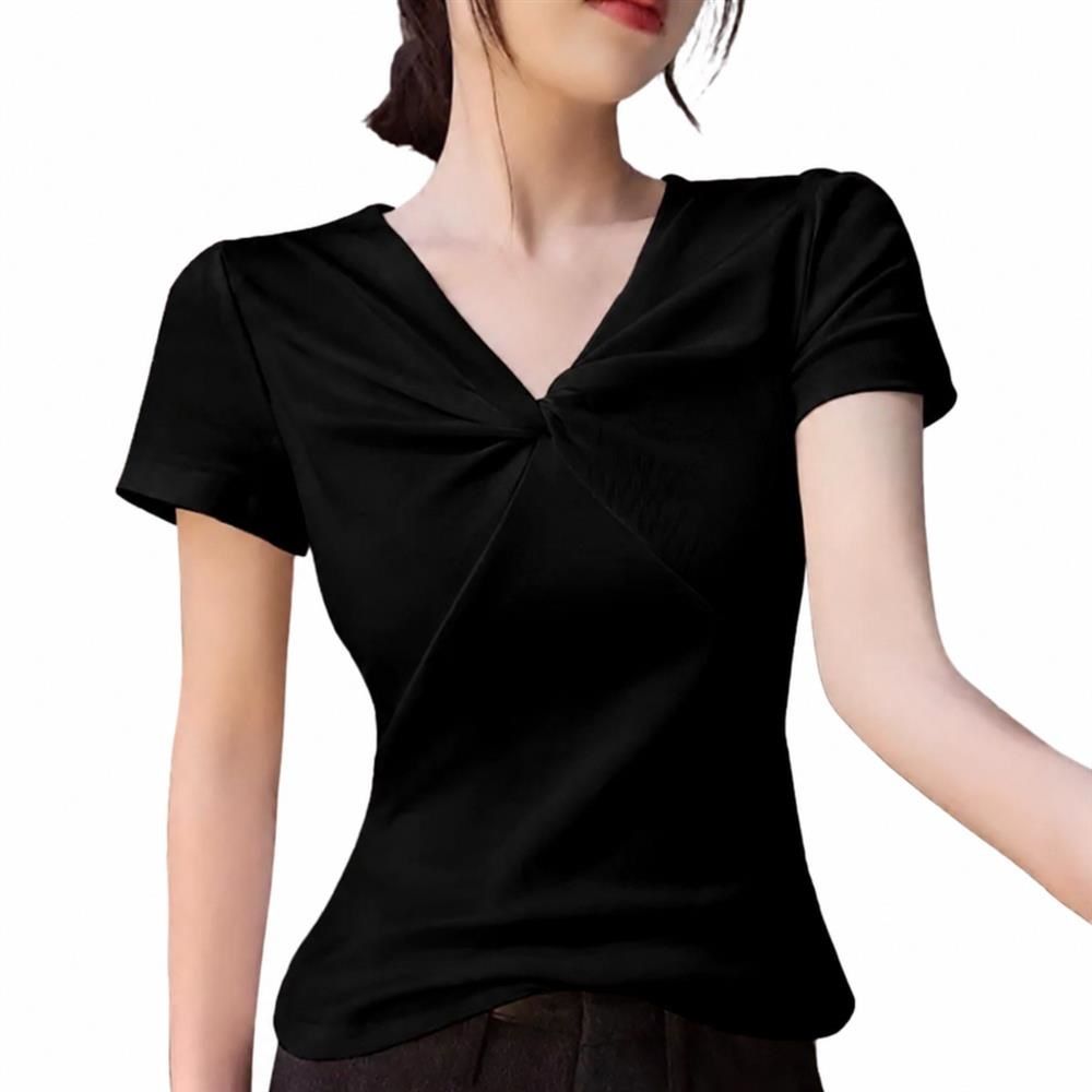Rakuten - 【フロントツイスト】Tシャツ レディース 半袖 Vネック カットソー トップス タイト スリム 細身 無地 インナー ティーシャツ プルオーバー ねじり デザイン ギャザー 着痩せ 細見え 鎖骨見え 体型カバー ストレッチ 伸縮性 きれいめ フェミニン 大人可愛い カジュアル