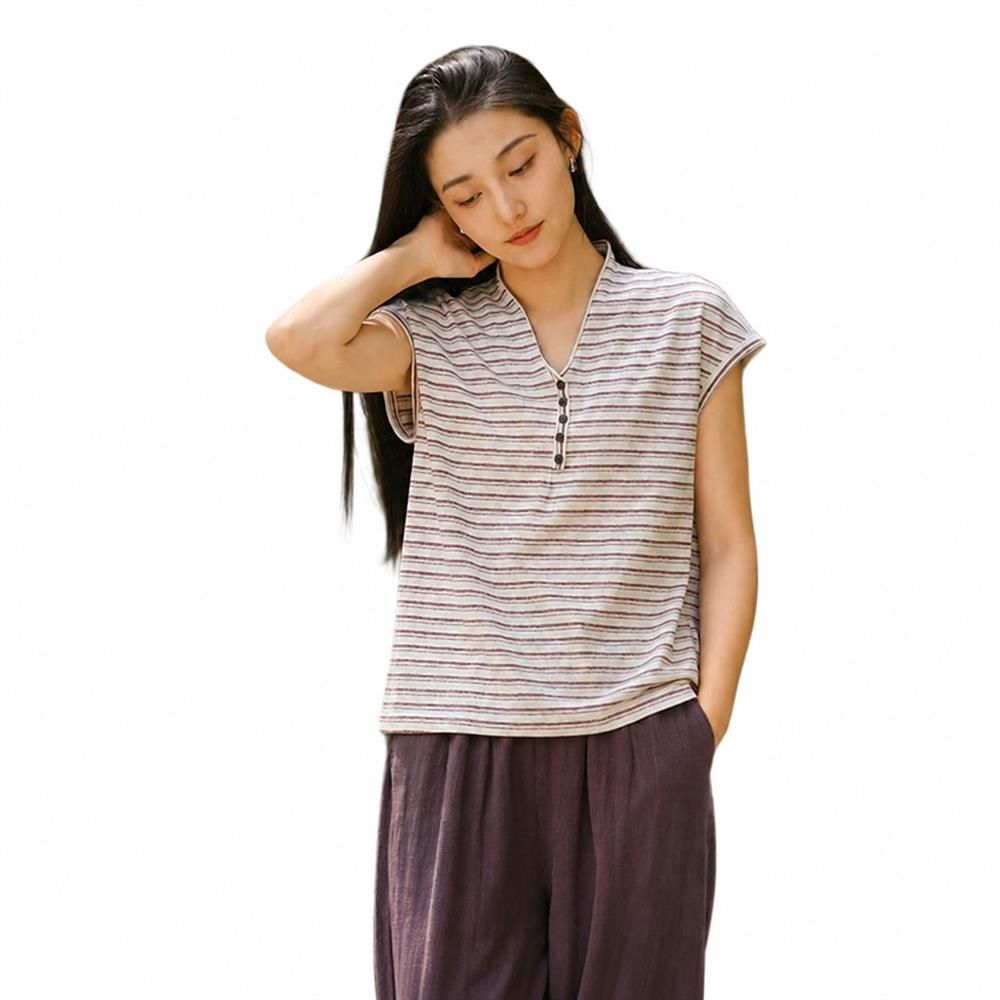 Rakuten - 【こなれ感】ボーダー カットソー レディース 半袖 フレンチスリーブ Tシャツ トップス ヘンリーネック Vネック 綿麻風 リネンタッチ ゆったり 体型カバー 二の腕カバー 着痩せ 涼しい 薄手 ナチュラル カジュアル 通勤 ママコーデ 春 夏