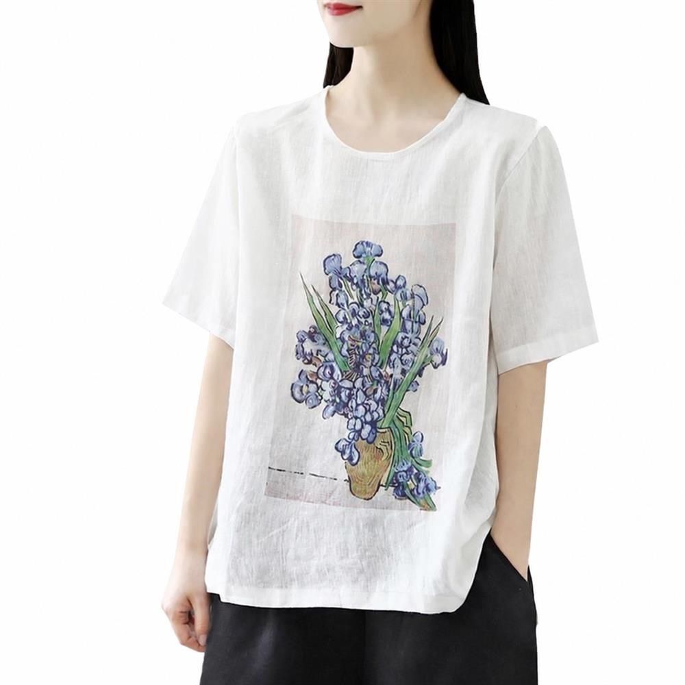 乐天商城 - 【絵画風アート】ブラウス レディース 半袖 トップス シャツ 綿麻混 リネン混 コットンリネン 丸首 クルーネック 花柄 プリント レトロ ヴィンテージ風 ゆったり 体型カバー 着痩せ 涼しい 通気性 二の腕カバー 楽ちん カジュアル ナチュラル 春 夏