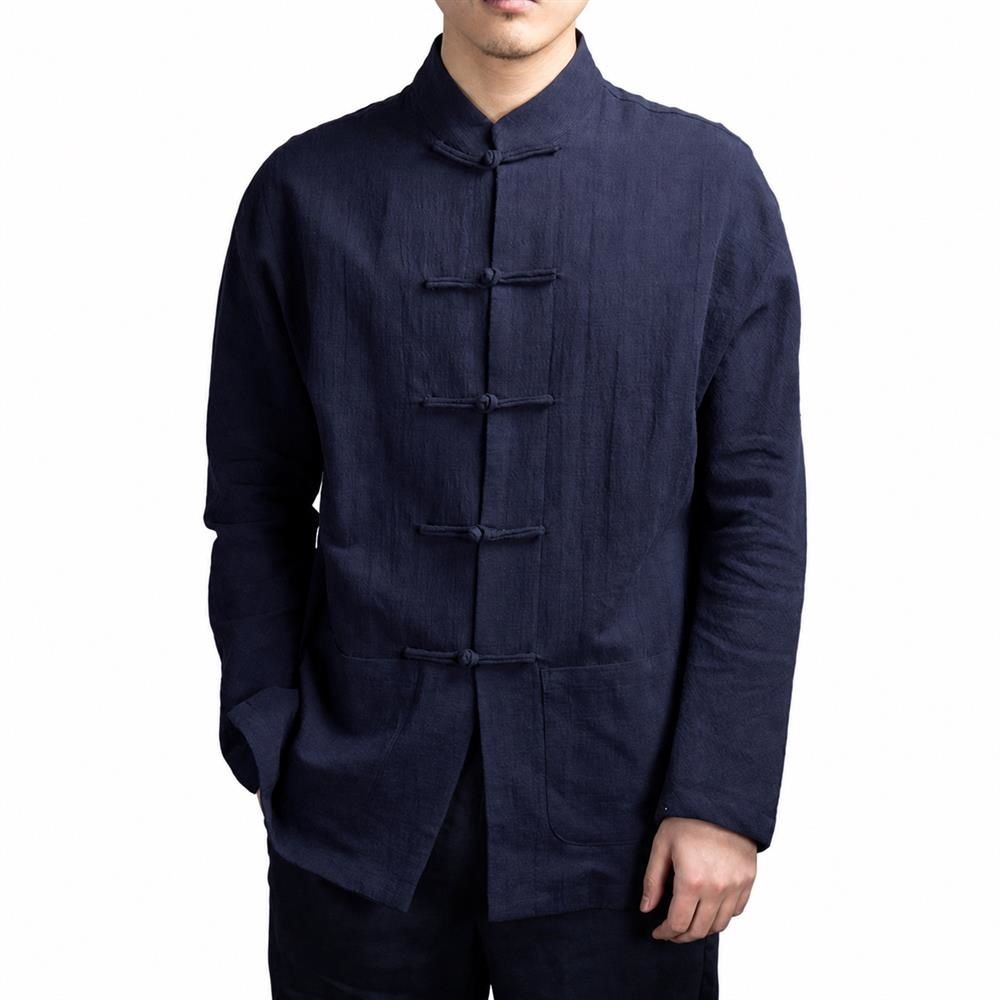 Rakuten - チャイナシャツ メンズ 長袖 カンフーシャツ 太極拳服 スタンドカラー 中華風 綿麻 リネン ゆったり カジュアル 無地 トップス 春 秋