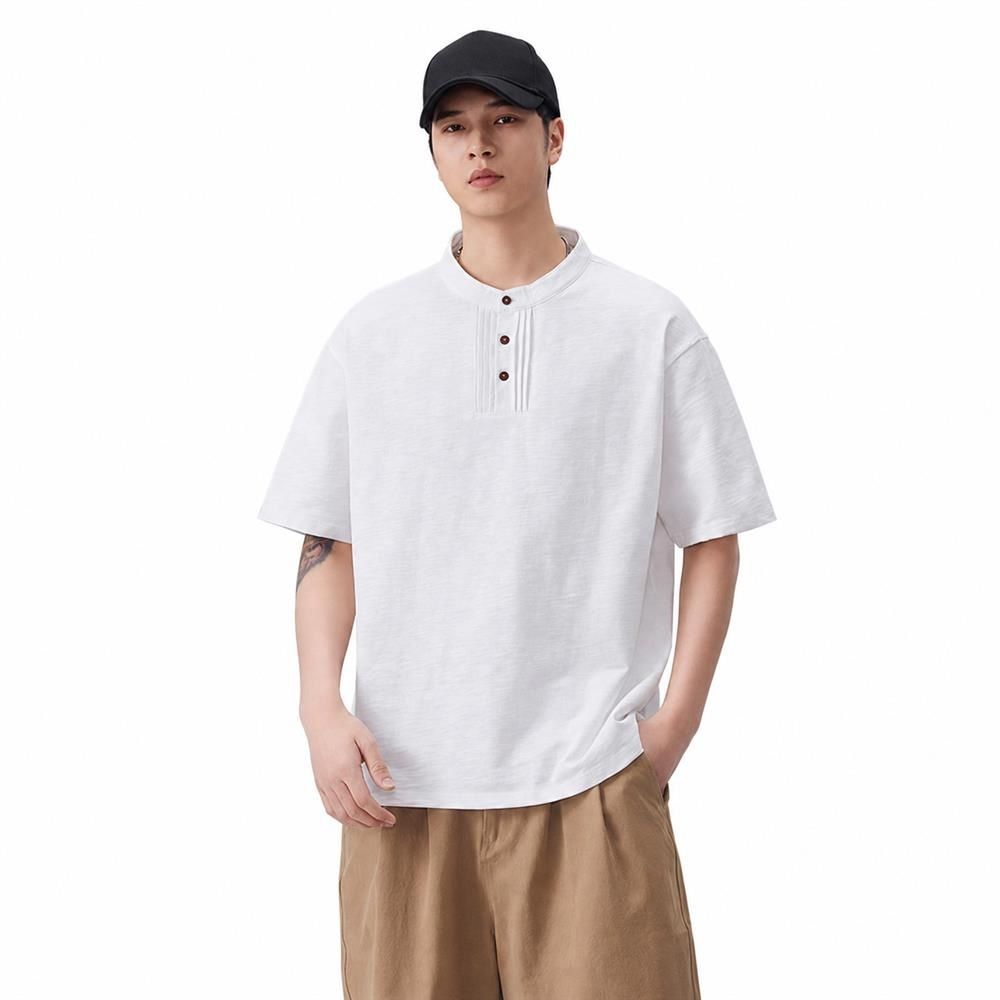 Rakuten - ヘンリーネック Tシャツ メンズ 半袖 ビッグシルエット カットソー トップス スラブ コットン タック デザイン ゆったり 体型カバー 着痩せ 涼しい 通気性 蒸れない 春服 夏服 カジュアル シンプル 無地 ティーシャツ tシャツ オーバーサイズ 大きいサイズ 30代 40代