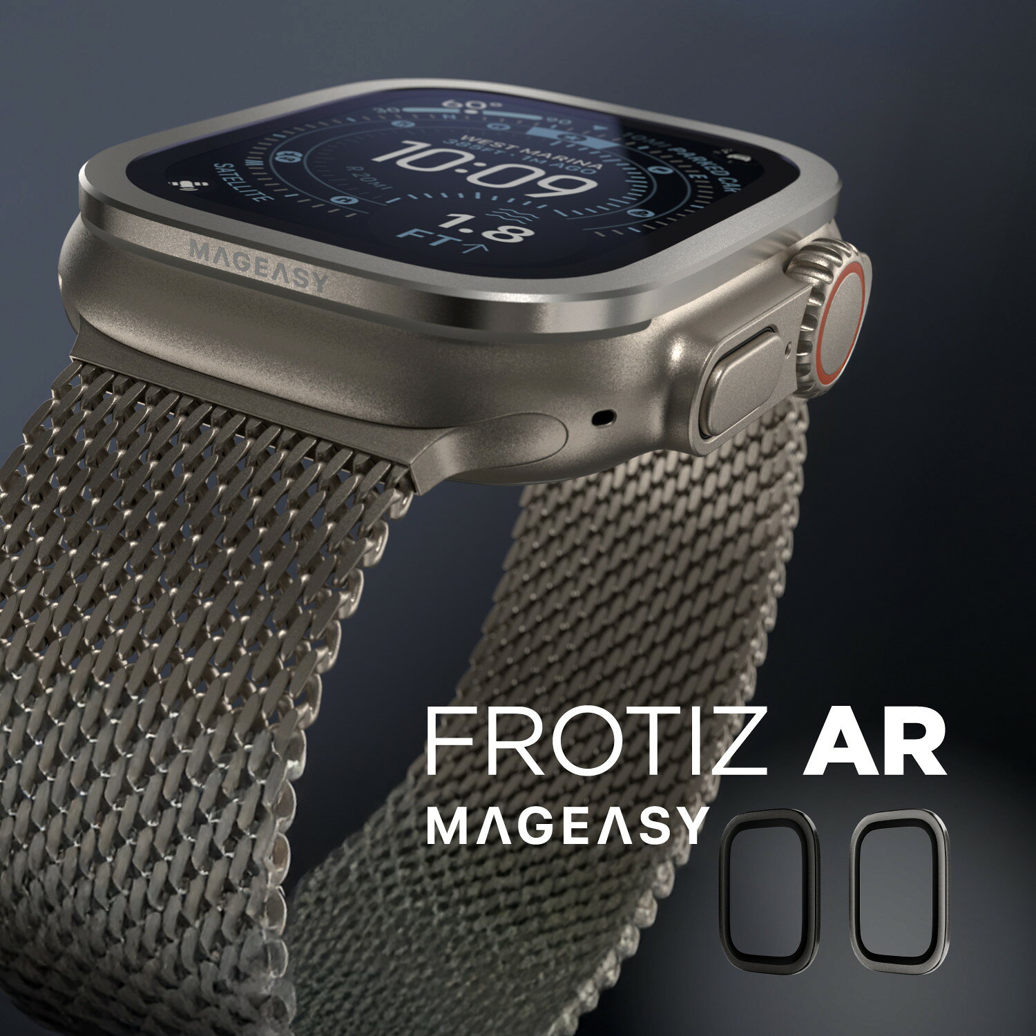 【製品仕様】… ◆ 対応機種 ： AppleWatchUltra 3 2 1 ( アップルウォッチウルトラ ) ◆ 内容物 ： フィルム（ガイド付き） ×1枚、コテ × 1個、クリーニングキット × 1式 ◆ サイズ ： 約 4.7cm × 4cm × 2cm ◆ 重量 ： 約 2g ◆ 素材 ： サファイヤガラス、チタン合金【製品特徴】… ◆ 指紋軽減加工 ： あり ◆ 反射防止加工 ： あり ◆ ブルーライトカットカット ： なし ◆ 透過率 ： 90%以上 ◆ 硬度 ： 9H ◆ 貼り付けガイド ： あり ◆ ケースと併用 ： 可能（形状によっては非対応） ◆ ご注意 ： ※本製品は画面を完全に保護するものではありません。※貼り付け時にミスした本製品や、使用中または使用後によるディスプレイの破損、損傷等について責任を負いかねます。スタイリッシュデザインフレームはアップルウォッチと同様のチタン合金仕上げを採用。優れた耐衝撃性に加え、洗練された一体感のあるデザインです。IP68防水認証取得SGS IP68等級の防塵・防水認証を取得。雨や水濡れなどの屋外や過酷な環境に対応しています。反射防止反射を抑えるAR加工で映り込みを抑え、透過率90％以上のクリアなガラスで、画面が見やすい設計です。