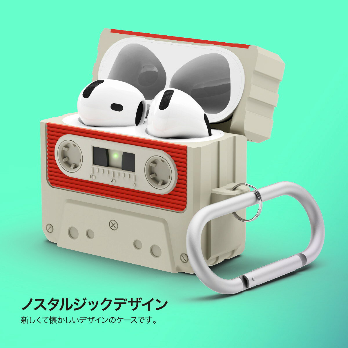 AirPods 4 ケース 耐衝撃 ソフト シリコン カバー カラビナ 付き カセットテープ ...