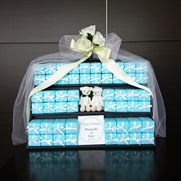 プチギフト 3段ブルーボックス52個セット ローズブーケ ベア付き(ハートクッキー2枚入)名入れ対応 プチギフト 演出 結婚式 プチギフト お菓子 ウエルカムボード ウェルカムボード
