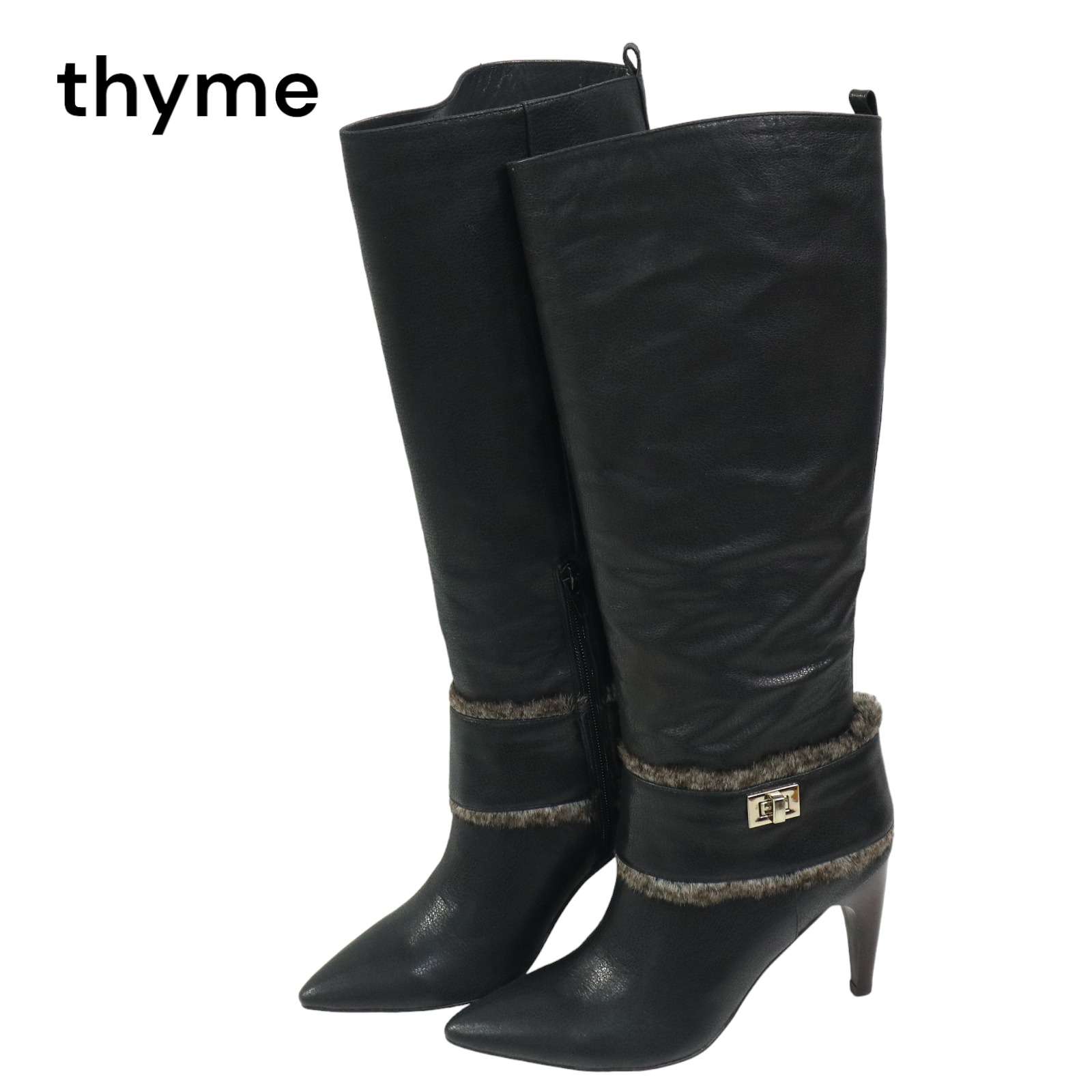 美品★ Au Bannister オゥ バニスター thYme ファー♪ ポインテッドトゥ ヒール レザー ロング ブーツ Sz.36　レディース 黒
