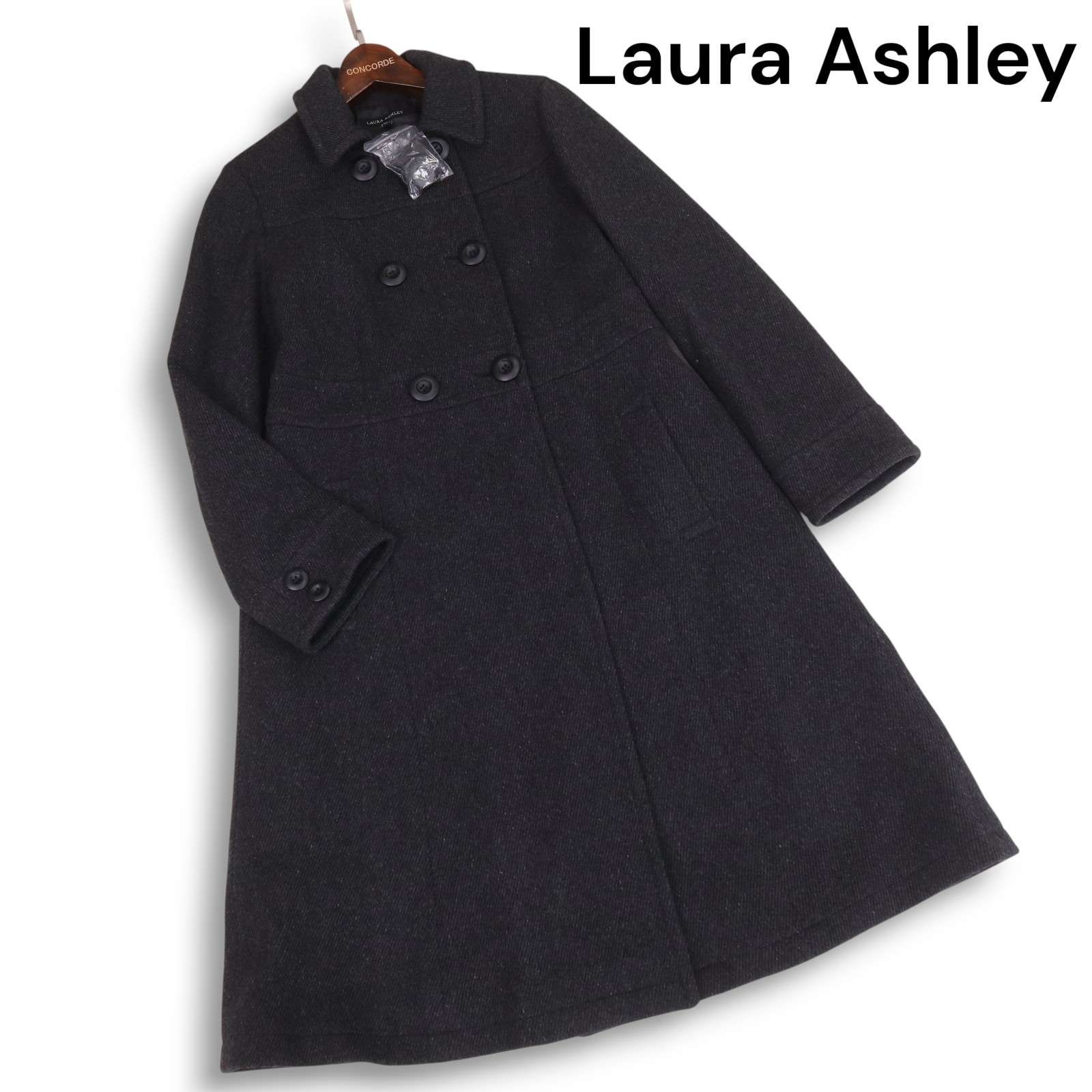 【新品同様】 Laura Ashley ローラアシュレイ 秋冬★ カシミヤ混 ウール Aライン ダブル コート Sz.11 レディース グレー