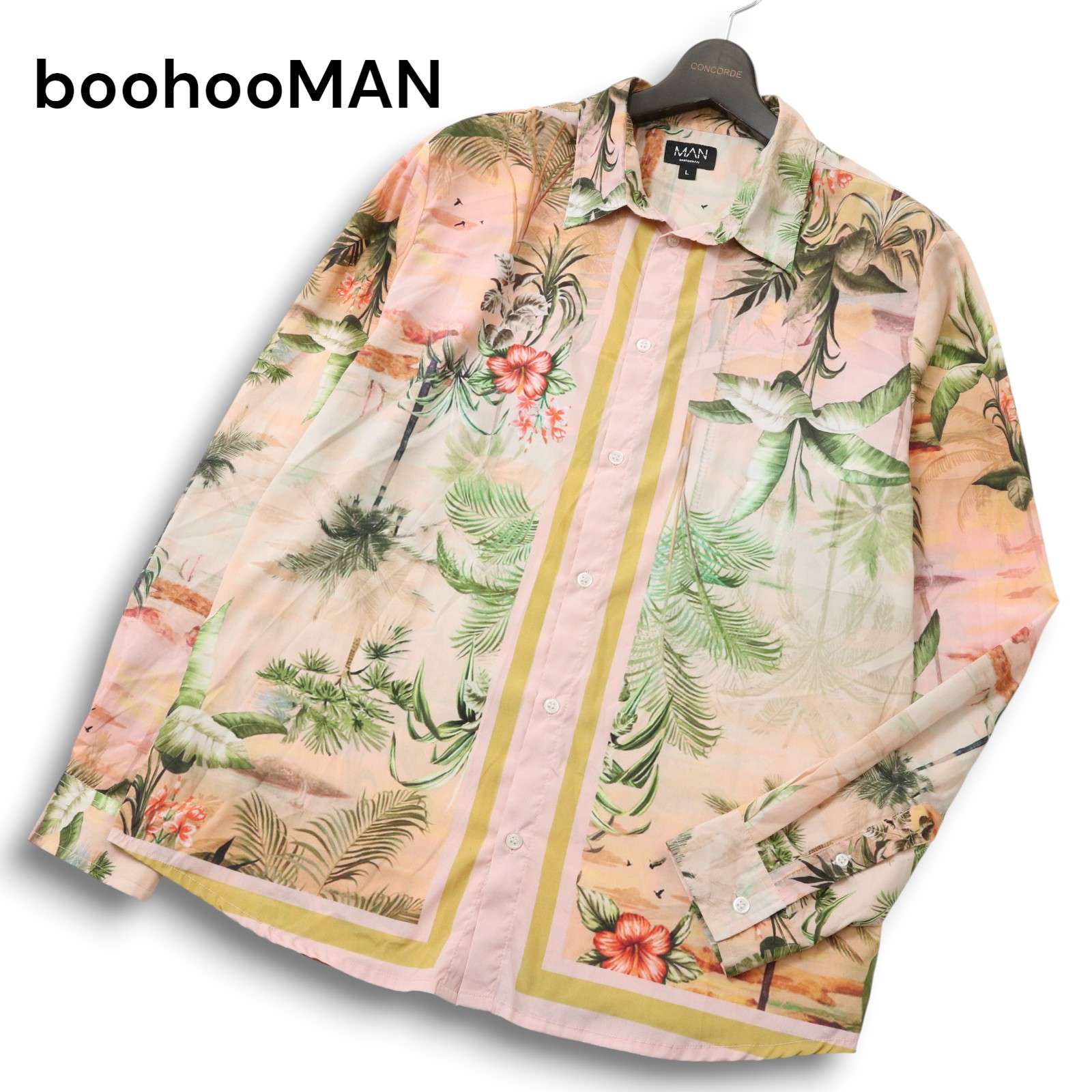 boohooMAN ブーフーマン 通年★ トロピカル ヤシの木 花 鳥 海辺 リゾート 長袖 シャツ Sz.L メンズ