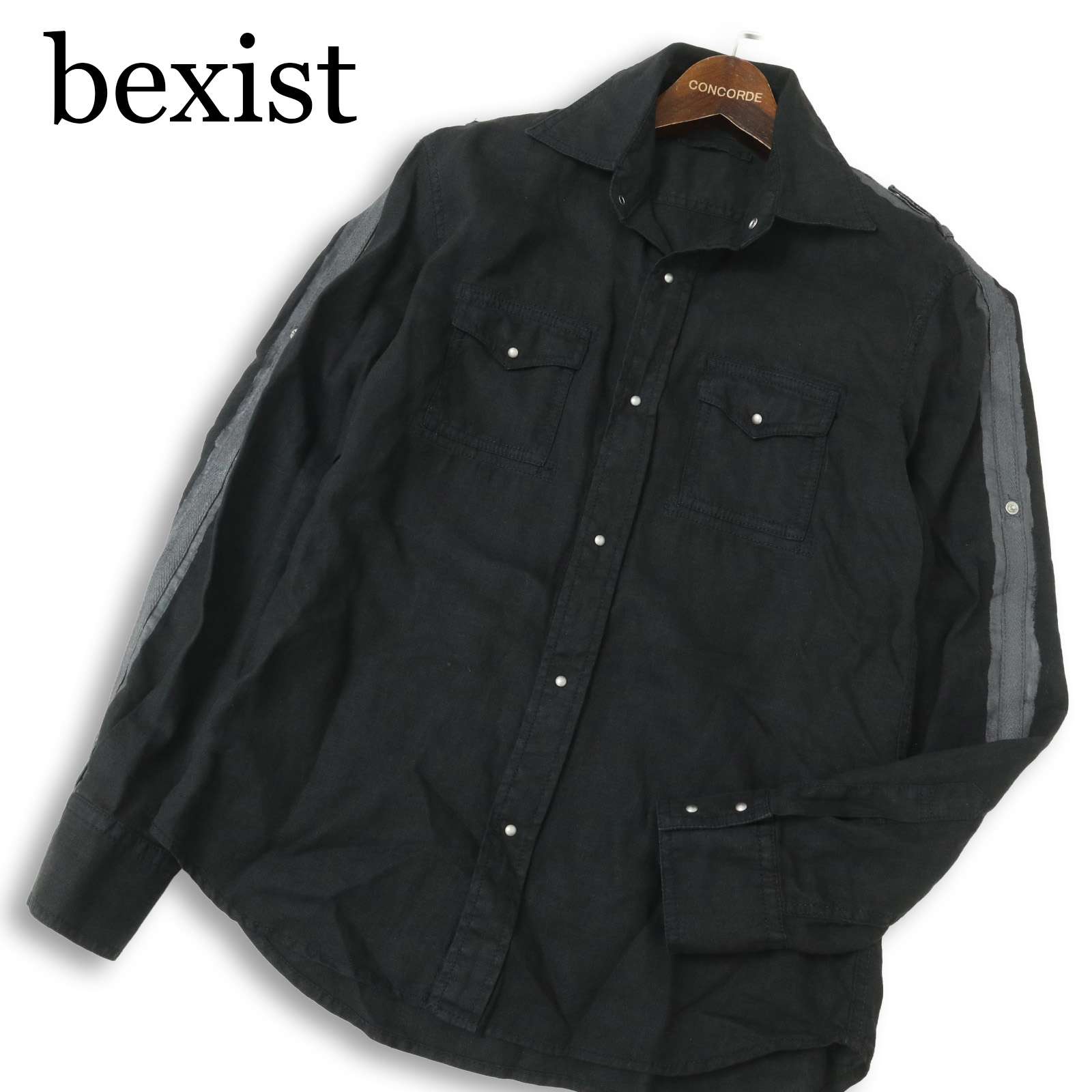 bexist ベグジット アバハウス 春夏 麻 リネン100％★ 長袖 切替 サイドライン ミリタリー シャツ Sz.2 メンズ 黒