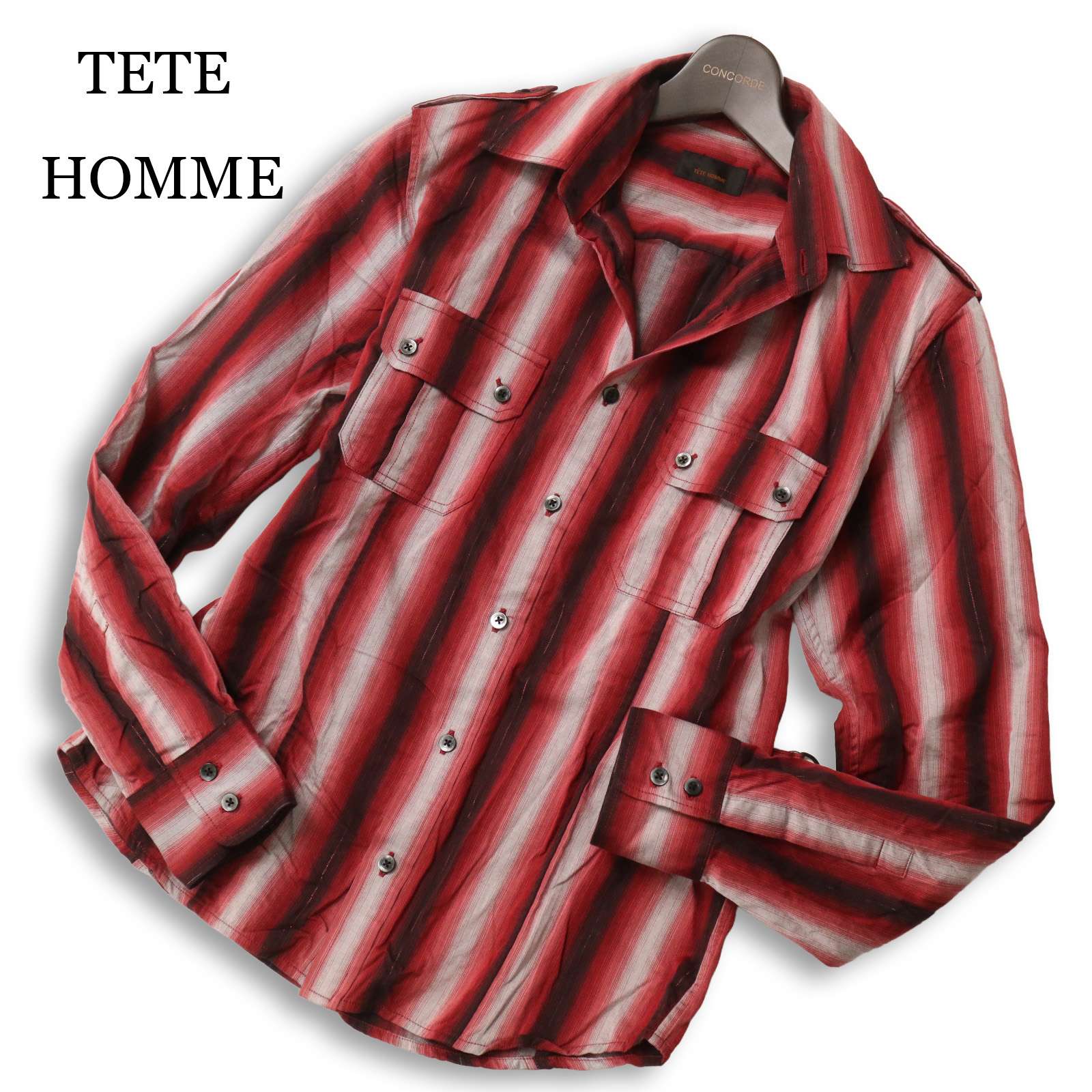 TETE HOMME テットオム 通年★ 長袖 スリム マルチストライプ ワーク シャツ Sz.M メンズ