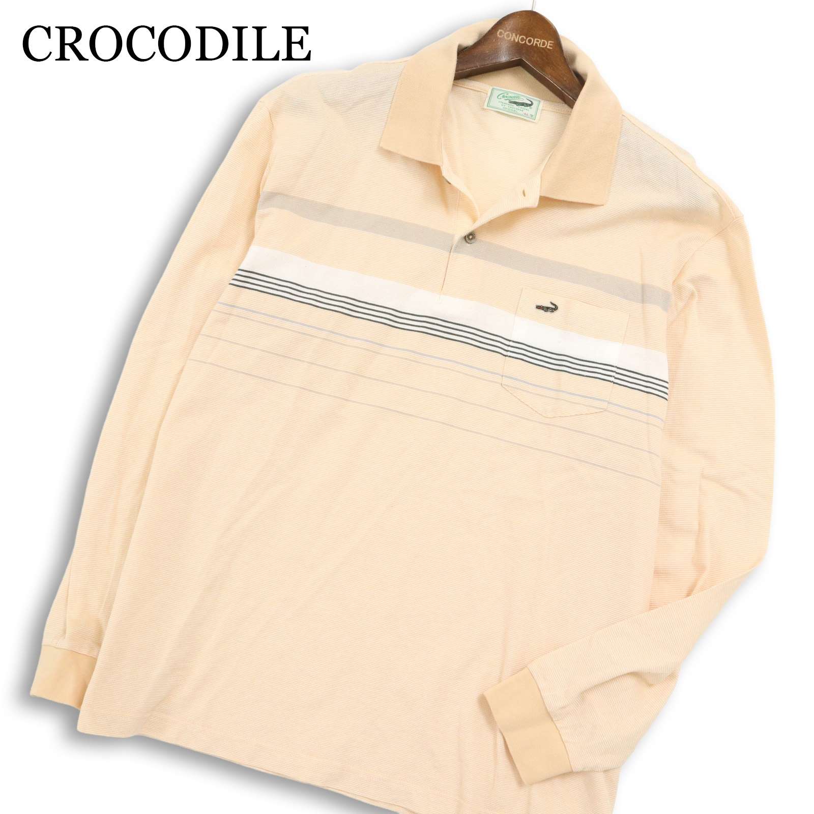 CROCODILE クロコダイル 春夏★ 鹿の子 ボーダー ロゴ刺繍 長袖 ポロシャツ 日本製 大きいサイズ Sz.LL メンズ