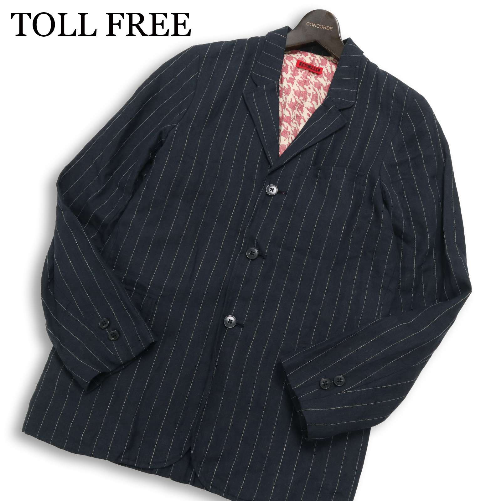 TOLL FREE トールフリー ハリラン 春夏★ 麻 リネン100％ アンコン ストライプ テーラード ジャケット Sz.S メンズ ネイビー