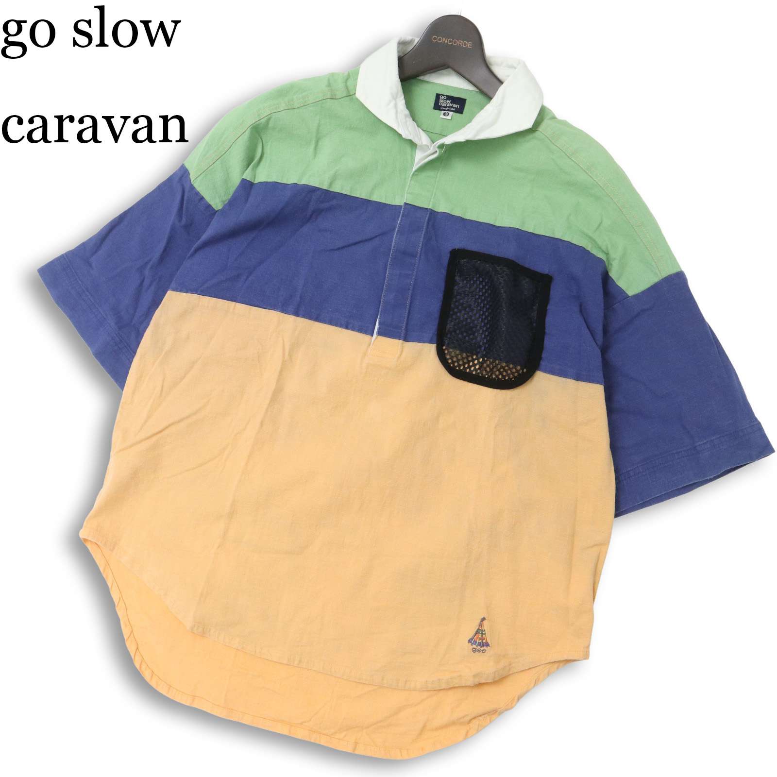 go slow caravan ゴースローキャラバン 春夏 麻 リネン混★ メッシュポケット 半袖 ボーダー ポロシャツ Sz.3　メンズ