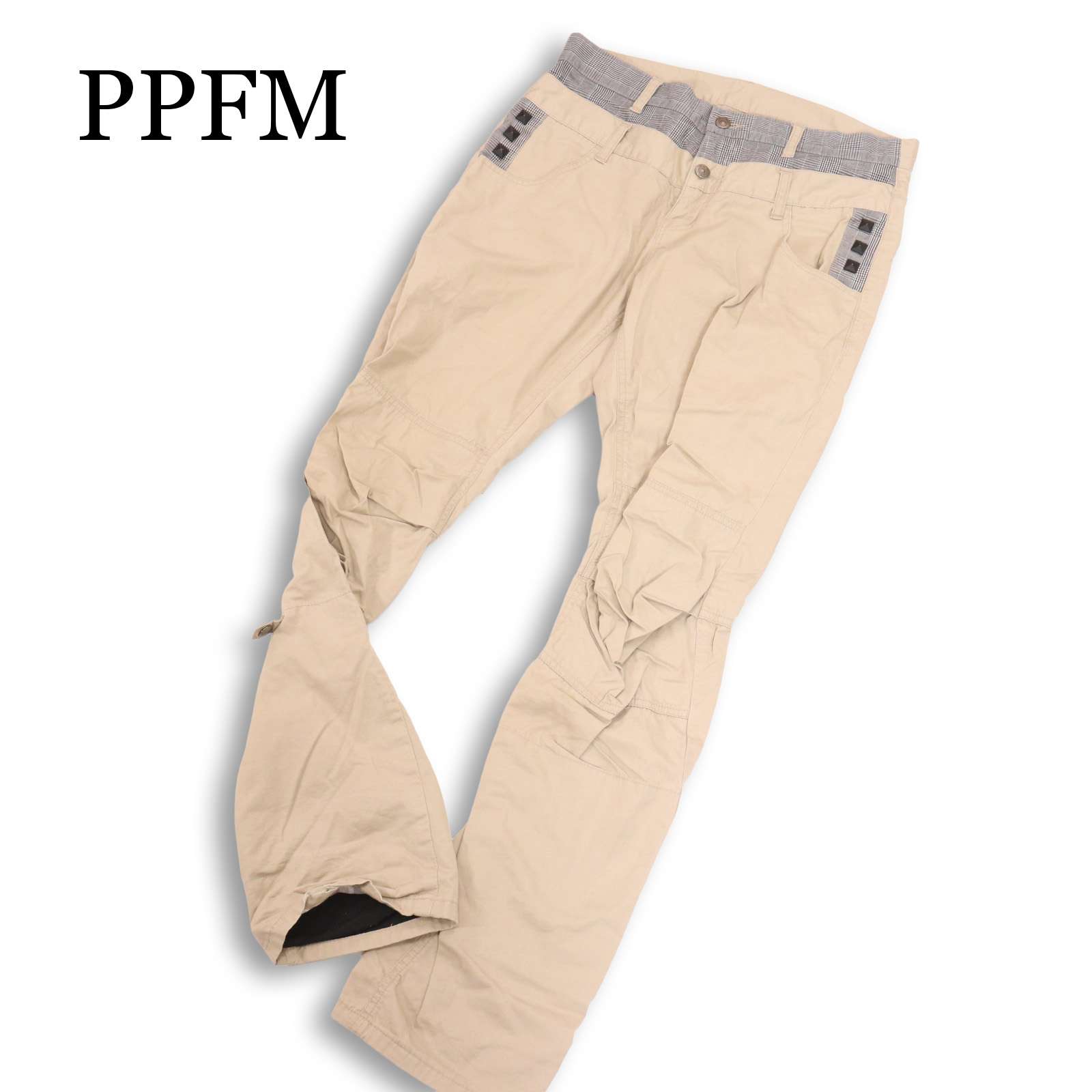 Y2K 00s★ PPFM ペイトンプレイス 立体裁断★ 2way チェック切替 ダブルウエスト ブーツカット カーゴ パンツ Sz.M メンズ