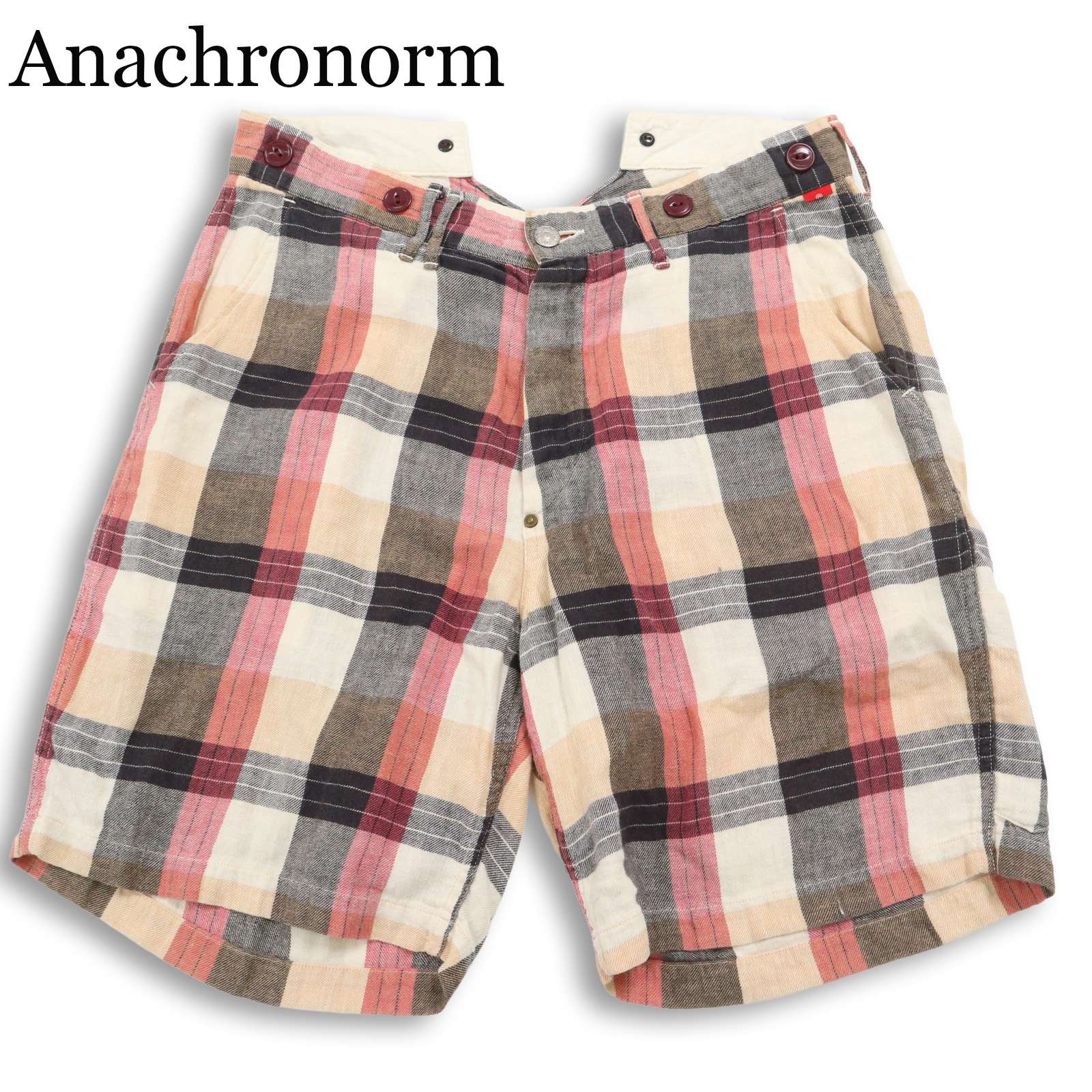 Anachronorm アナクロノーム 春夏★ 麻 リネン チェック柄 シンチバック ショート パンツ 日本製 Sz.30 メンズ