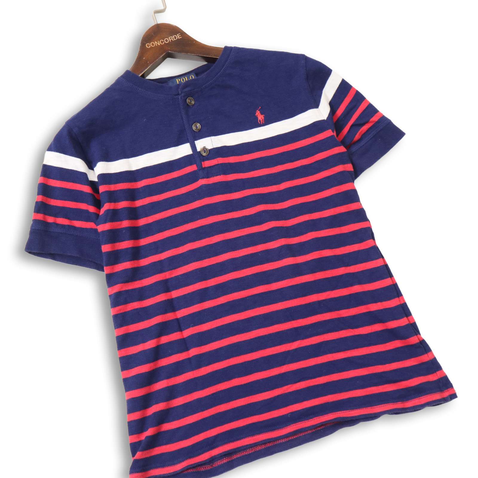 コンコルドストア 楽天市場店のPOLO RALPH LAUREN ポロ ラルフローレン 春夏★ 半袖 ヘンリーネック ボーダー ロゴ刺繍 ポロシャツ Sz.M レディース｜アングル2