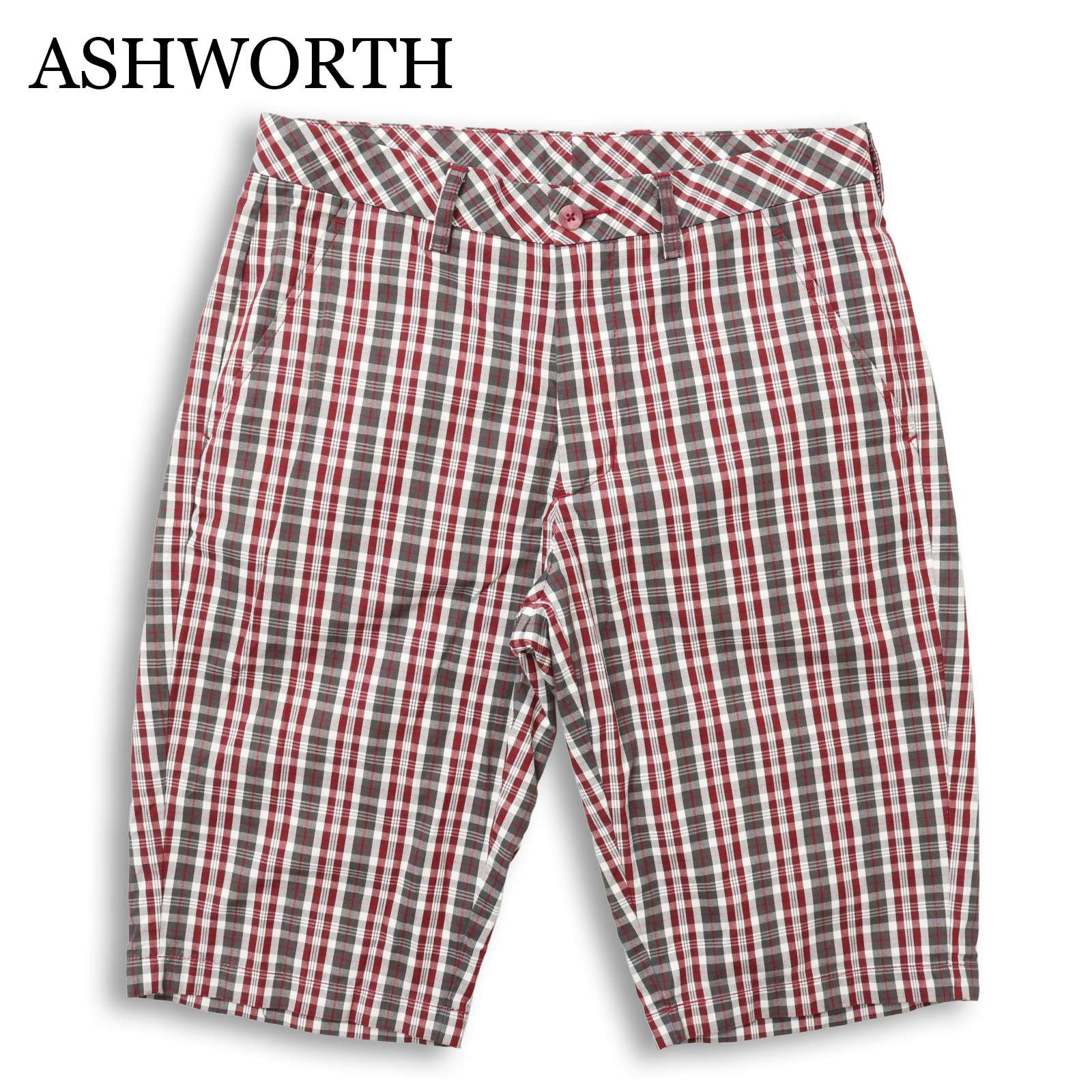 ASHWORTH アシュワース ゴルフ 春夏★ チェック柄 ロゴ刺繍 ハーフ パンツ Sz.79 メンズ 赤系 ゴルフウェア