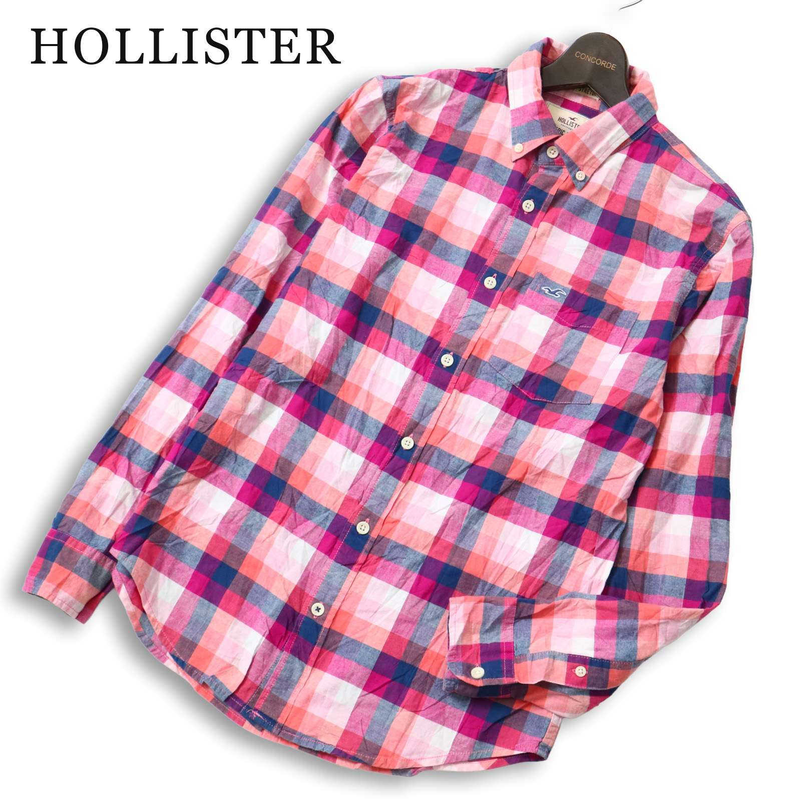 HOLLISTER ホリスター 通年★ 長袖 ストレッチ チェック柄 ロゴ刺繍 ボタンダウン シャツ Sz.S メンズ