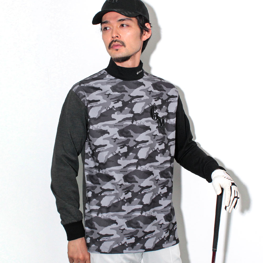【送料無料】ゴルフウェア メンズ トップス ブランド ロゴ モックネック カットソー カモフラ カモ柄 迷彩 ゴルフ 服 機能性 速乾 ストレッチ 伸縮性 春 秋 冬 インナー20代 30代 40代 50代 おしゃれ グリモン