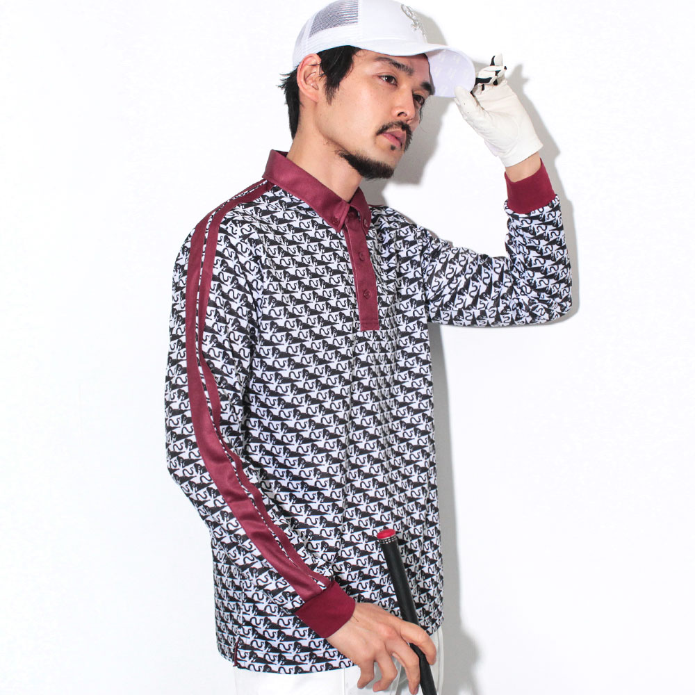 【送料無料】ゴルフウェア メンズ ポロシャツ 長袖 トップス ブランド ロゴ 長袖ポロ カットソー 総柄 ゴルフ 服 機能性 速乾 ストレッチ 伸縮性 カジュアル 切替デザイン 春 秋 冬 インナー20代 30代 40代 50代