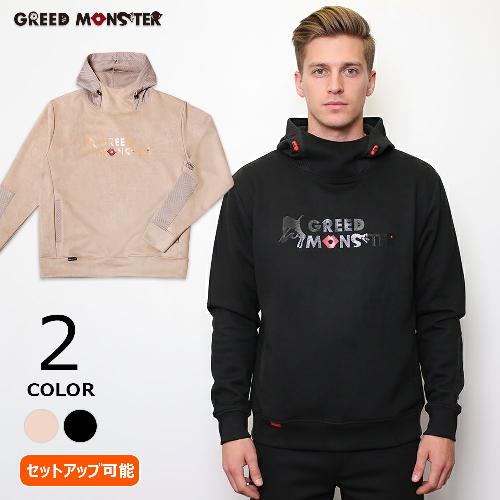 【送料無料】メンズ ゴルフウェア パーカー スウェード 長袖 防風 ブランド GREED MONSTER グリモン プルオーバー フード 切替 ロゴ ストレッチ ゴルフ 伸縮性 機能性 保温 モンスター カットソー 起毛 20代 30代 40代 50代 春 秋 冬 ゴルフ