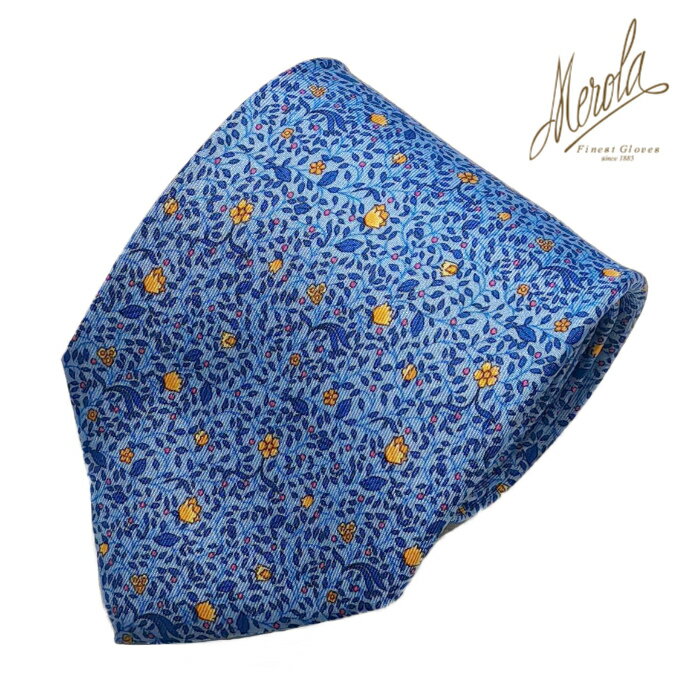 MEROLA（ メローラ ) イタリア製 ネクタイ 50 オンス - MEROLA SERIES - シルク素材サックスブルー×草花模様 ( イエロー ) 全長約 149 cm 大剣約 9 cmメンズ ギフト オールシーズン インポート オシャレ エレガントNo. NO-1001-MI