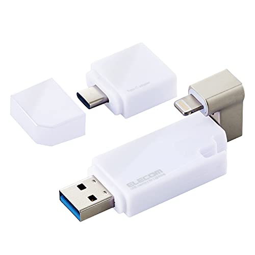 【送料無料】エレコム USBメモリ 64GB iPhone/iPad対応 [MFI認証品] ライトニング Type-C変換アダプタ付 ホワイト MF-LGU3B064GWH