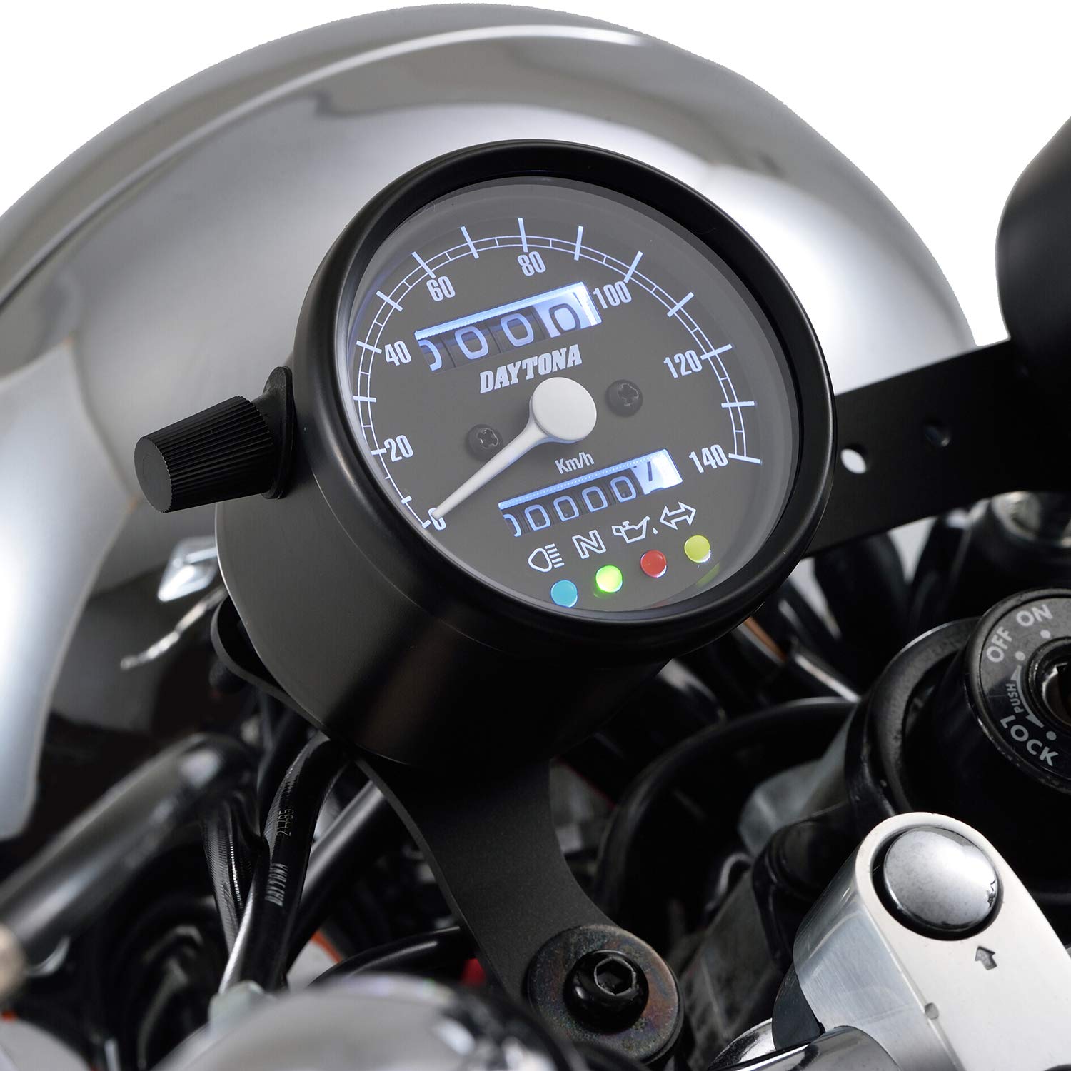 【送料無料】デイトナ(Daytona) バイク用 機械式 スピードメーター ブラックボディ/ブラックパネル/ホワイトLED φ60 140km/h表示 イン