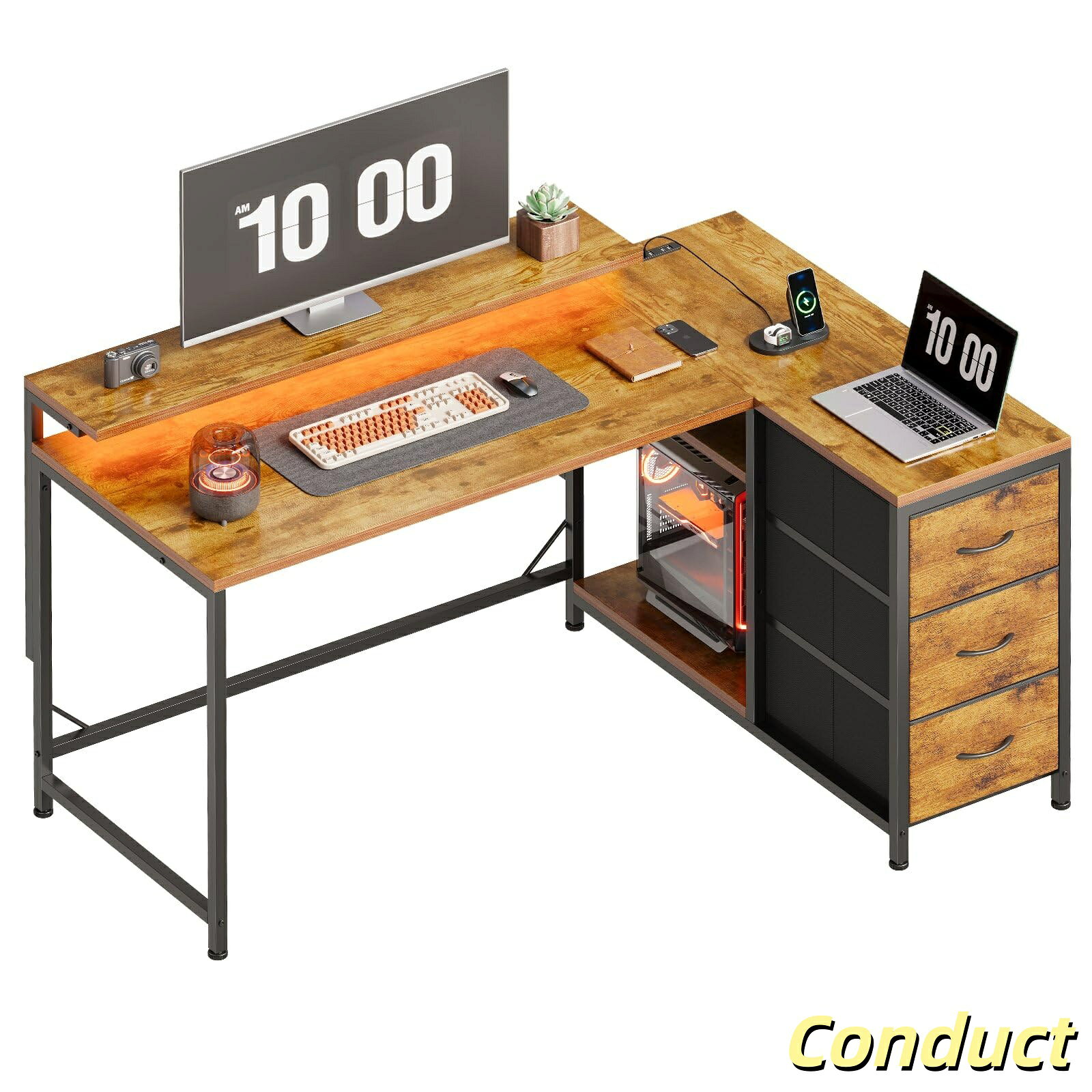 【送料無料】l字デスク 幅100.5cm パソコンデスク 机 pcデスク モニタ台の高さ調節可能 コーナーデスク 本棚付き 引き出しとコンセント