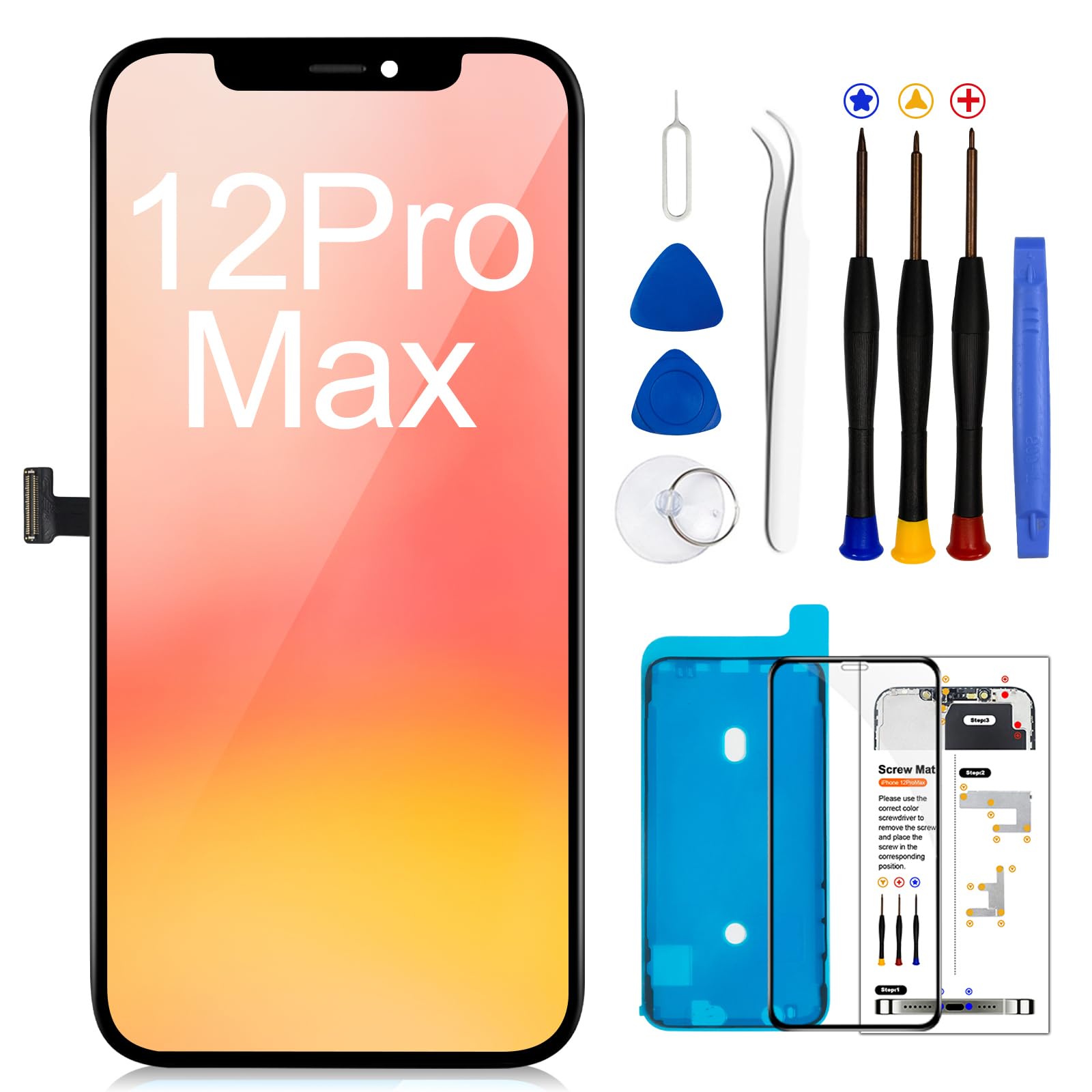 for iPhone 12 Pro Max 液晶パネル COF iPhone 12 Pro Max 画面交換 LCD フロントパネル 修理キット分解工具付き，モデルA2